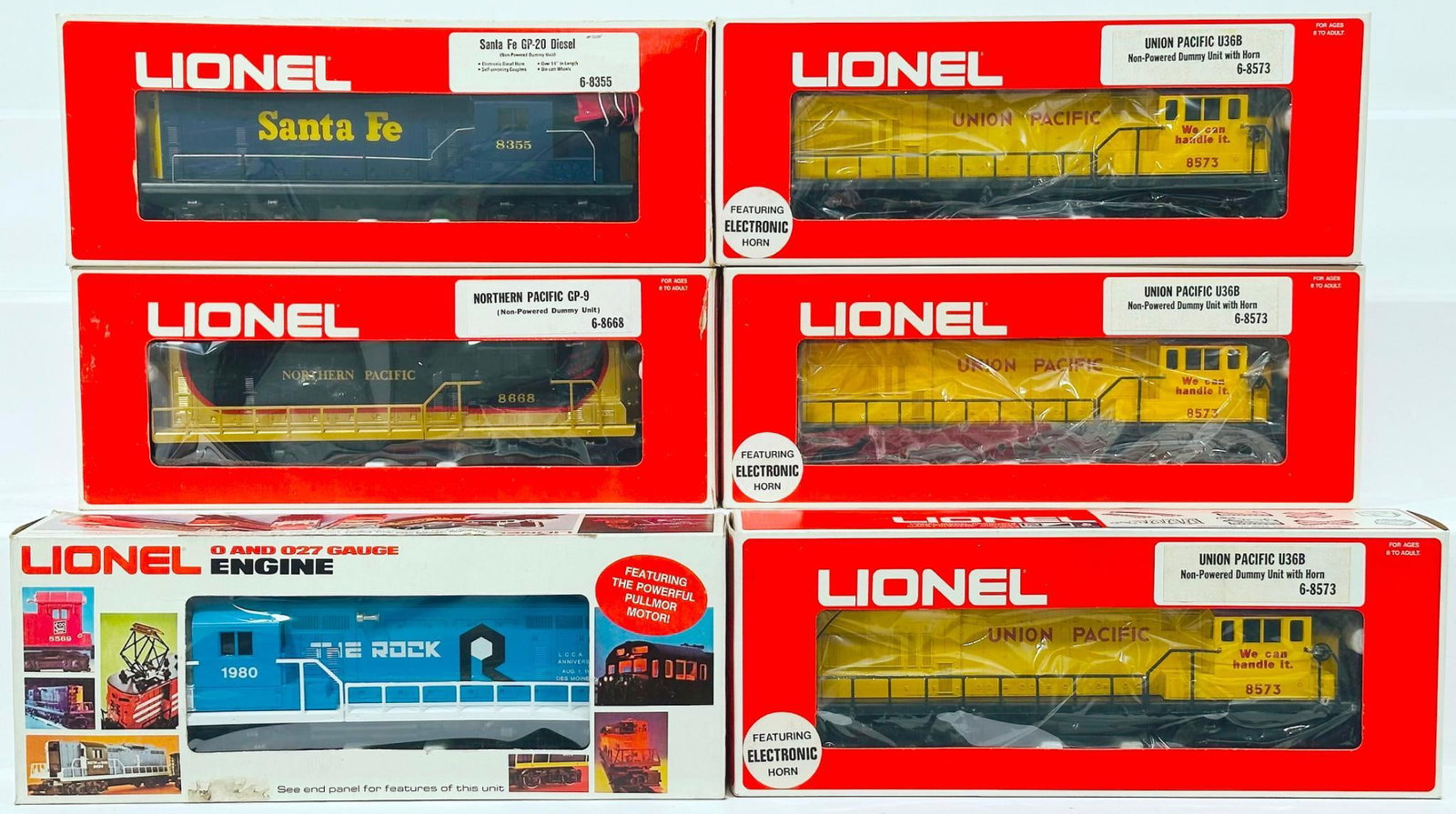 Lionel Modern O Gauge Union Pacific U36B Nonpowered Dummy Unit with Horn X3/ Northern Pacific GP - 9: Lionel Modern O Gauge Union Pacific U36B Nonpowered Dummy Unit with Horn X3/ Northern Pacific GP - 9 Nonpowered Dummy Unit/ Santa Fe GP - 20 Nonpowered Dummy Unit/ LCCA GP - 20 Diesel The Rock Boxed, 