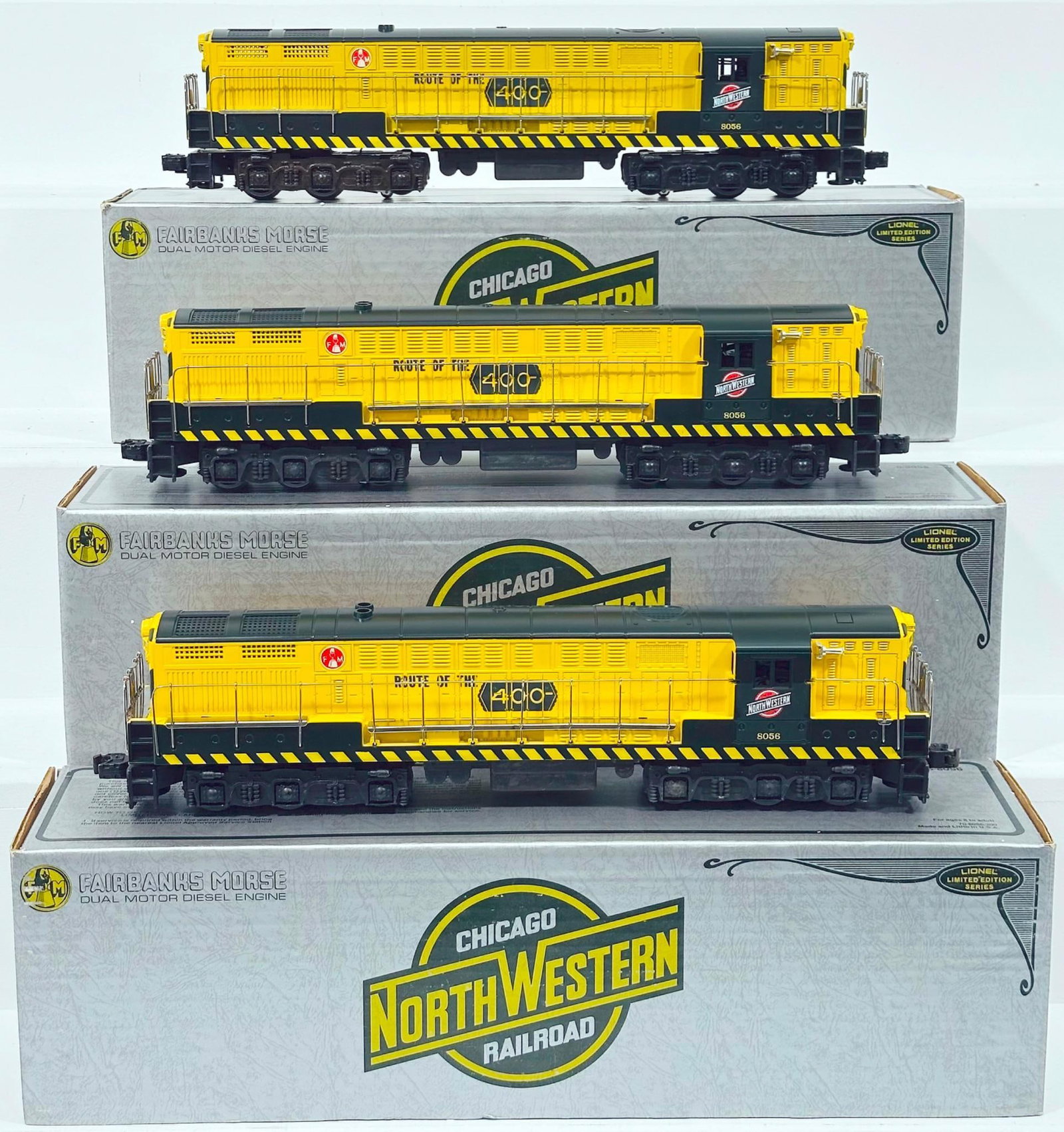Lionel Modern O Gauge Chicago Northwestern FM Trainmaster X3 Boxed: Lionel Modern O Gauge Chicago Northwestern FM Trainmaster X3 Boxed, each in C9 and each with its original box.