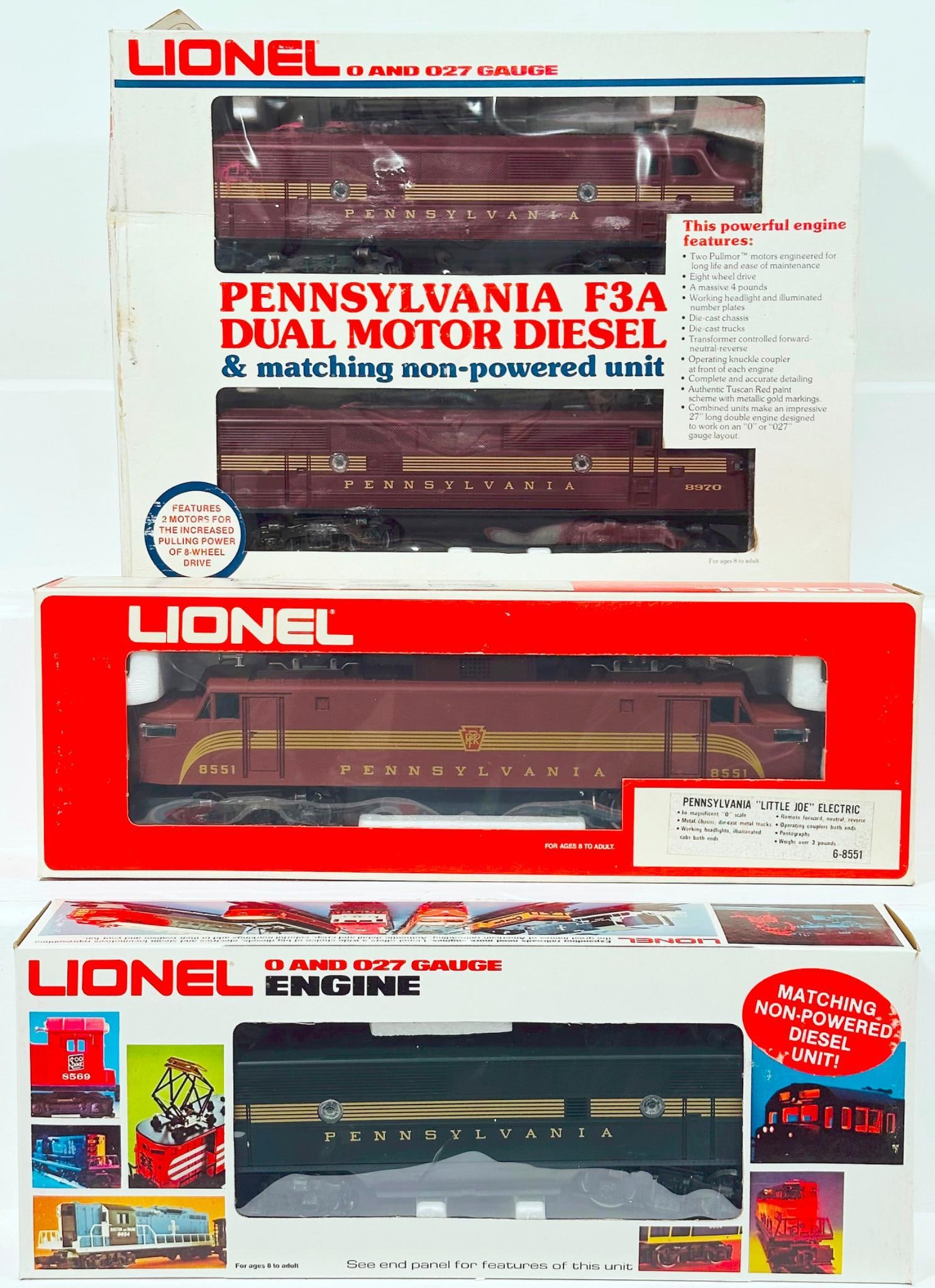 Lionel Modern O Gauge Pennsylvania F-3 A-A Powered and Nonpowered Diesel Units Boxed/Pennsylvania: Lionel Modern O Gauge Pennsylvania F - 3 A - A Powered and Nonpowered Diesel Units Boxed/ Pennsylvania F - 3 B Dummy Unit with Horn/ Pennsylvania Little Joe Electric Boxed, each in C9 and each with it