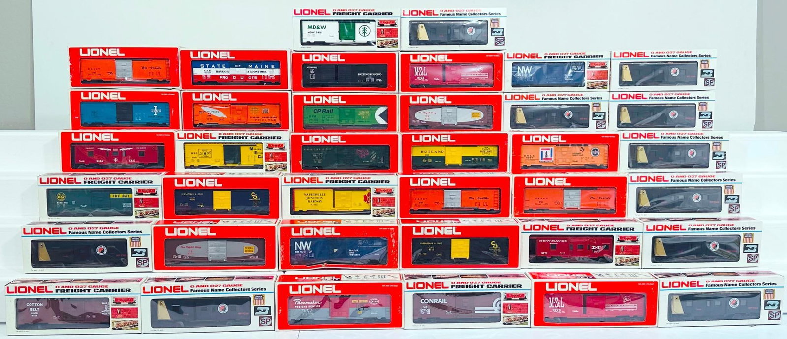 Lionel Modern O Gauge Thirty-eight (38) Assorted Freight Cars Boxed: Lionel Modern O Gauge Thirty-eight (38) Assorted Freight Cars Boxed, including NP Bay Window Caboose X10 and others, each in C9 and each with its original box.