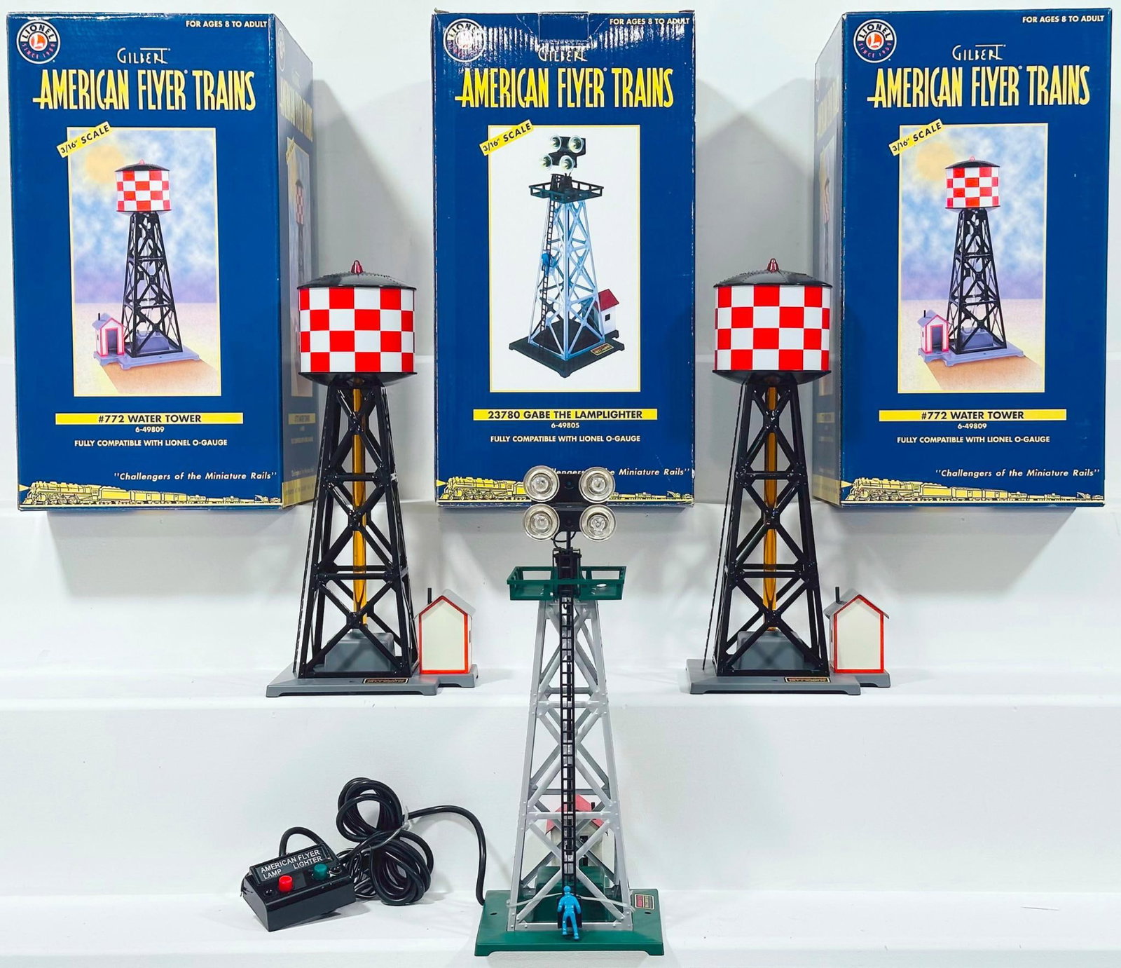 American Flyer Lionel Modern S Gauge 23780 Gabe the Lamp Lighter and #772 Water Tower X2 Boxed: American Flyer Lionel Modern S Gauge 23780 Gabe the Lamp Lighter and #772 Water Tower X2 Boxed, each in C9 and each with its original box.