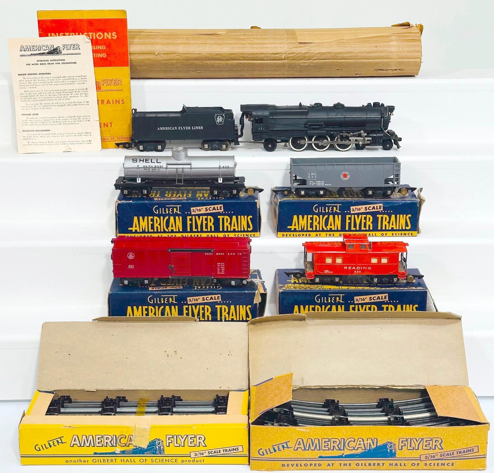 American Flyer Postwar S Gauge 312 PRR Locomotive and Tender Pennsylvania Railroad Freight Set Boxed: American Flyer Postwar S Gauge 312 PRR Locomotive and Tender Pennsylvania Railroad Freight Set Boxed, and including 312 Locomotive and Tender, 630 Caboose, 632 Hopper, 633 Box Car and 625 Tank Car, ea