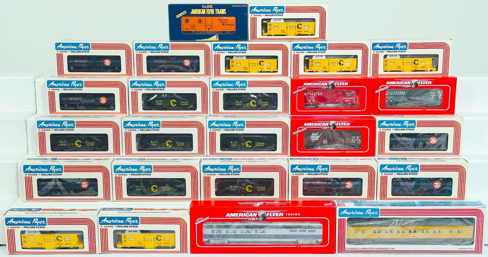 American Flyer Lionel Modern S Gauge Twenty-Six (26) Assorted Freight Cars and Passenger Cars Boxed: American Flyer Lionel Modern S Gauge Twenty-Six (26) Assorted Freight Cars and Passenger Cars Boxed, including Missouri Pacific Dining Car, Union Pacific Vista Dome Car, Chessie Hopper Car X7, 1992 NA