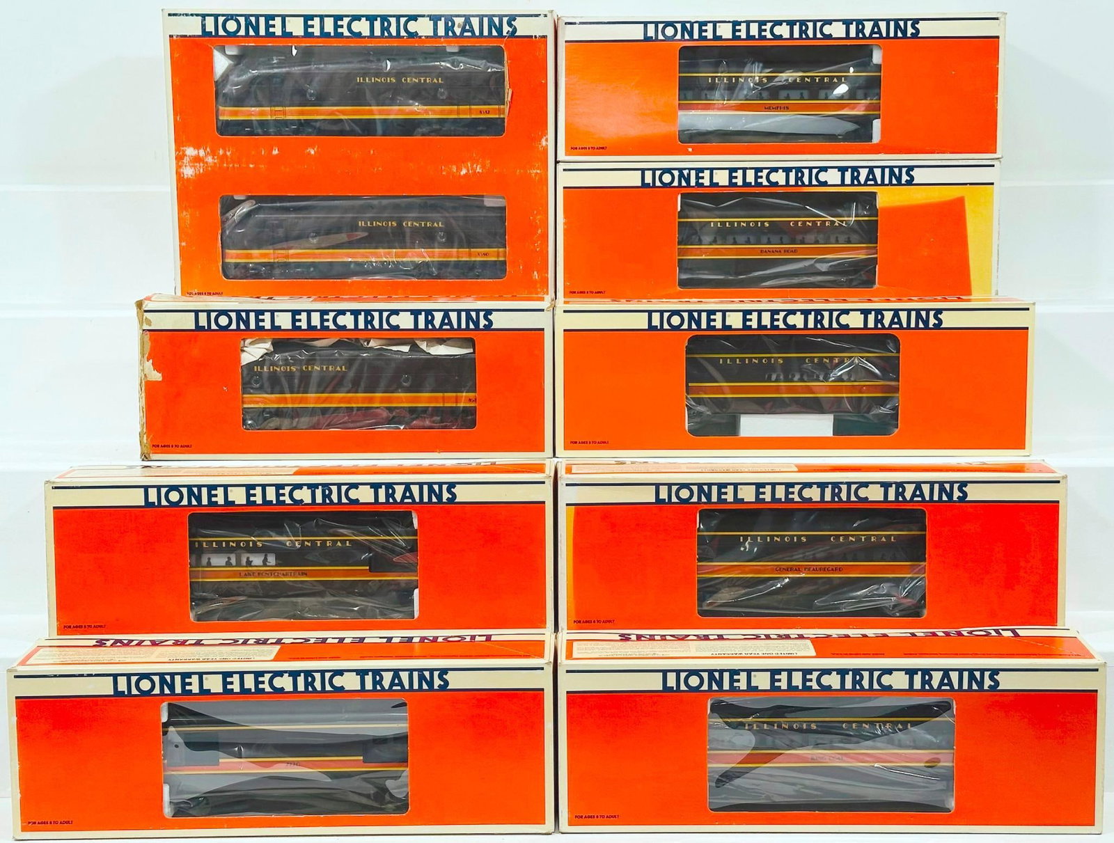 Lionel Modern O Gauge Illinois Central F3 A-A Powered and Dummy Diesel Units/Illinois Central F3-B: Lionel Modern O Gauge Illinois Central F3 A - A Powered and Dummy Diesel Units and Illinois Central F3 - B Dummy Unit and Seven (7) Assorted Illinois Central Passenger Cars Boxed, including Illinois C