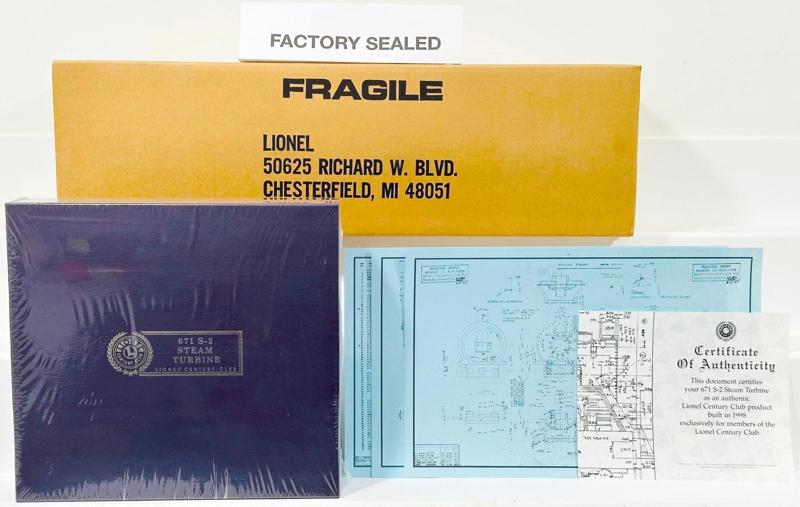 Lionel Modern O Gauge Lionel Century Club 671 S - 2 Steam Turbine Locomotive Sealed Box: Lionel Modern O Gauge Lionel Century Club 671 S - 2 Steam Turbine Locomotive Sealed Box, in C10 and with its original sealed box and includes shipping container, and includes plexiglass showcase with 