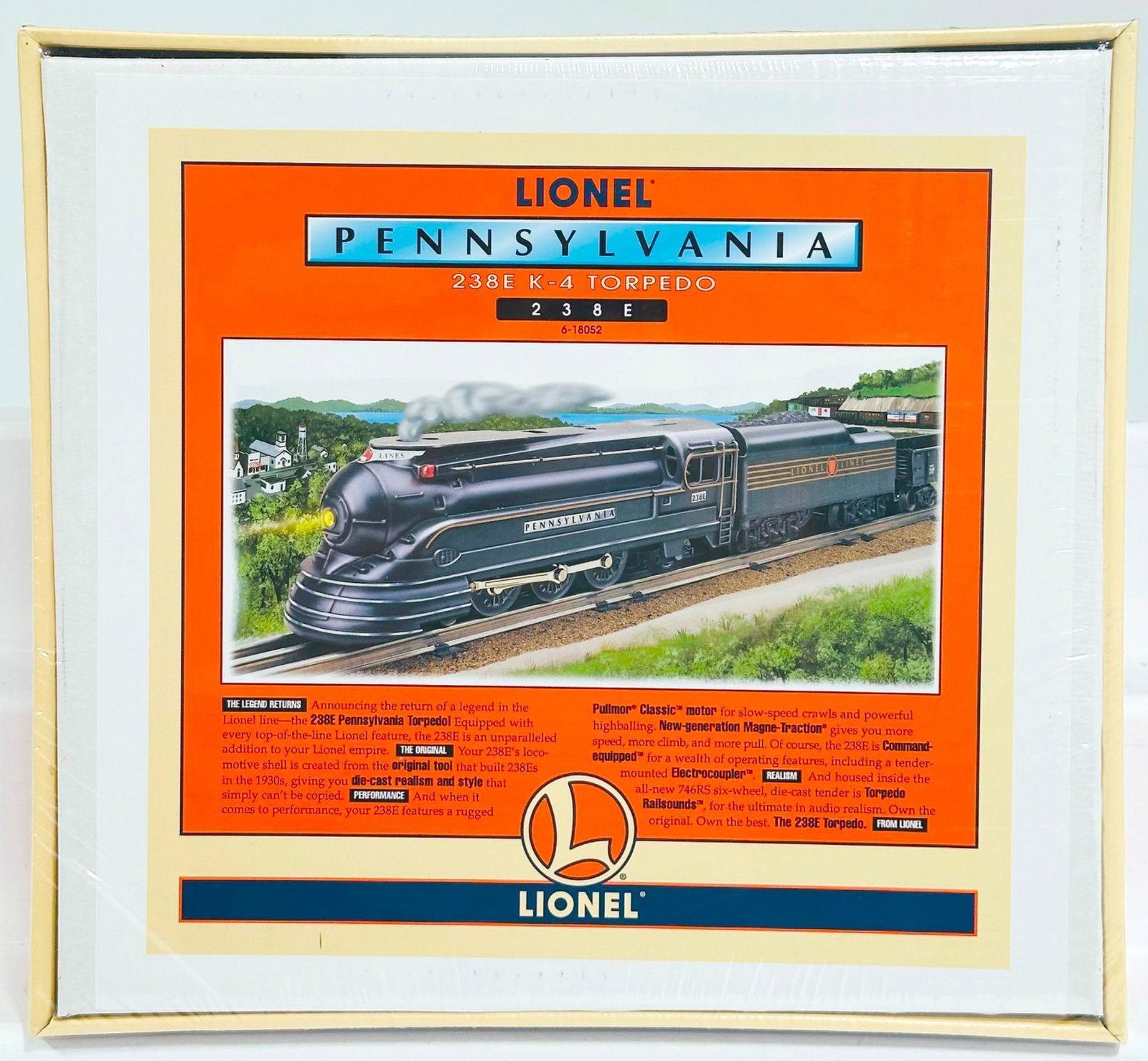 Lionel Modern O Gauge Pennsylvania 238E K - 4 Torpedo Locomotive and Tender Sealed Box: Lionel Modern O Gauge Pennsylvania 238E K - 4 Torpedo Locomotive and Tender Sealed Box, in C10 and with its original sealed box.