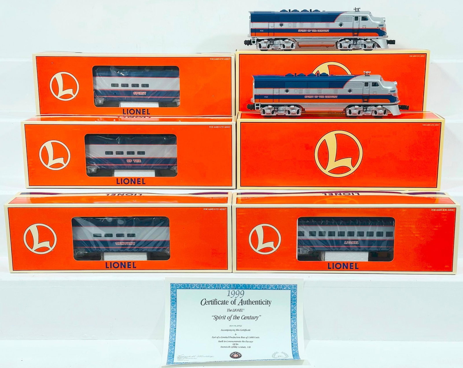 Lionel Modern O Gauge F3 Spirit of the Century Diesel Units/4 Train of the Century Passenger Cars: Lionel Modern O Gauge F3 A Powered Spirit of the Century and F-3 A Non-Powered Spirit of the Century Diesel Units and Four (4) Assorted Train of the Century Passenger Cars, each in C9 and each with it