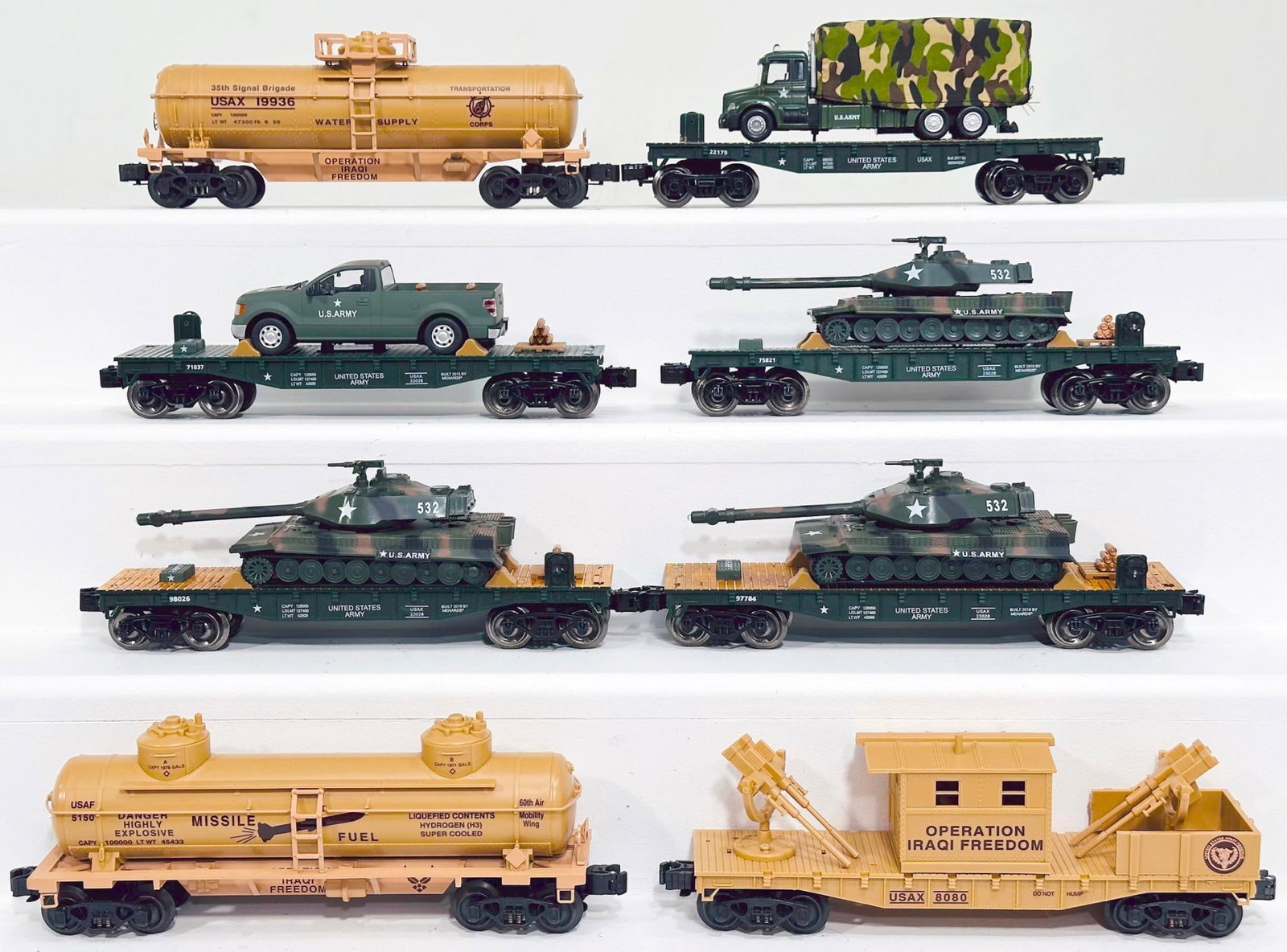 Menards Modern O Gauge Eight (8) Assorted Missile Fuel Tank Cars and Military Flat Cars with loads (1 of 6)