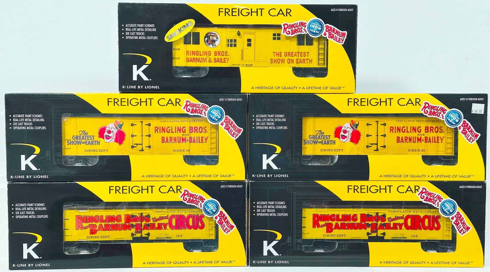 K-Line Modern O Gauge Five (5) Assorted Ringling Bros. Circus Freight Cars Boxed (1 of 5)