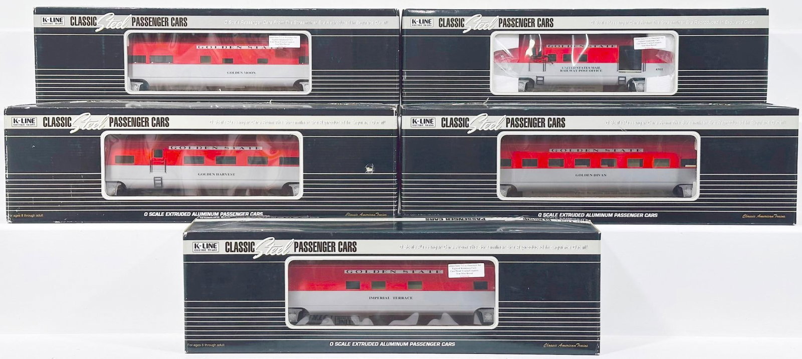 K-Line Modern O Gauge Five (5) Assorted KCC Golden State Passenger Cars Boxed (1 of 5)