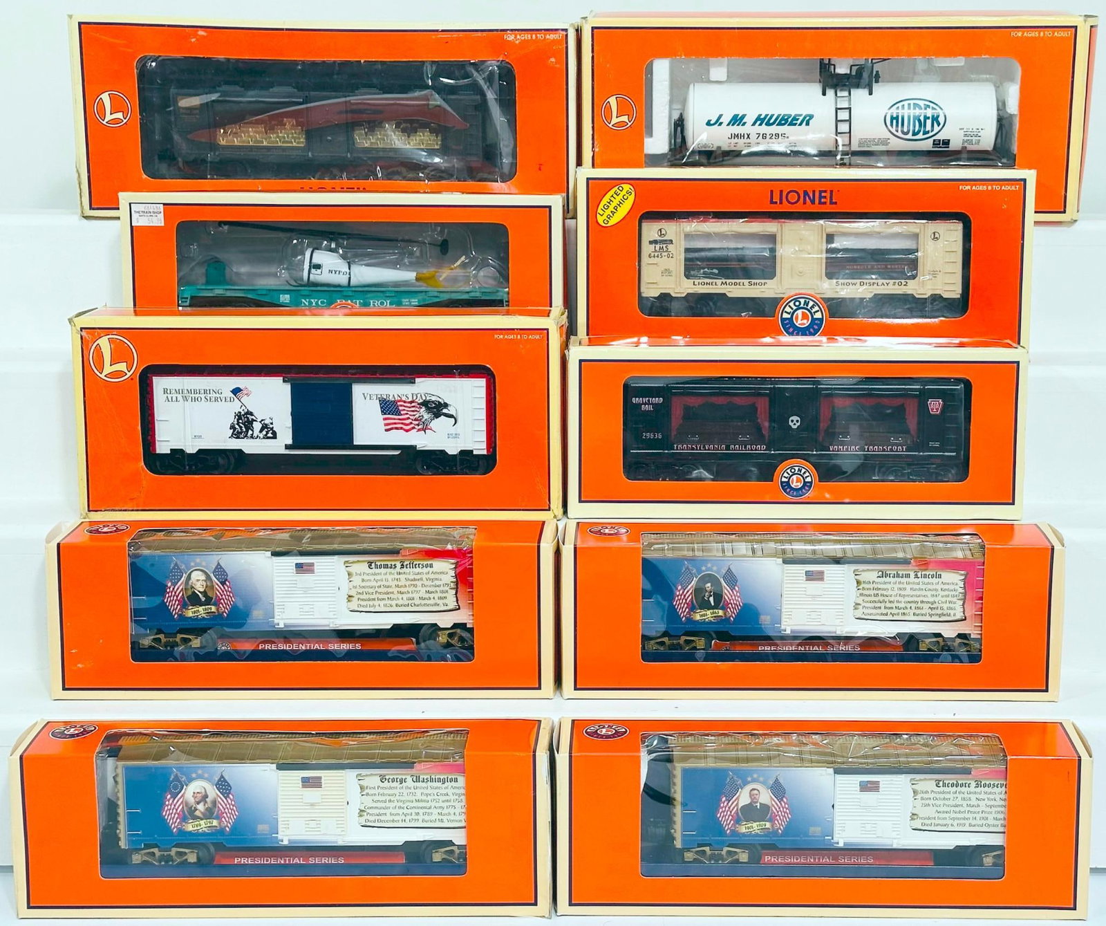 Lionel Modern O Gauge Ten (10) Assorted Freight Cars Boxed: Lionel Modern O Gauge Ten (10) Assorted Freight Cars Boxed, including USA Made Lincoln Presidential Box Car, USA Made Roosevelt Presidential Box Car, USA Made Washington Presidential Box Car, USA Made