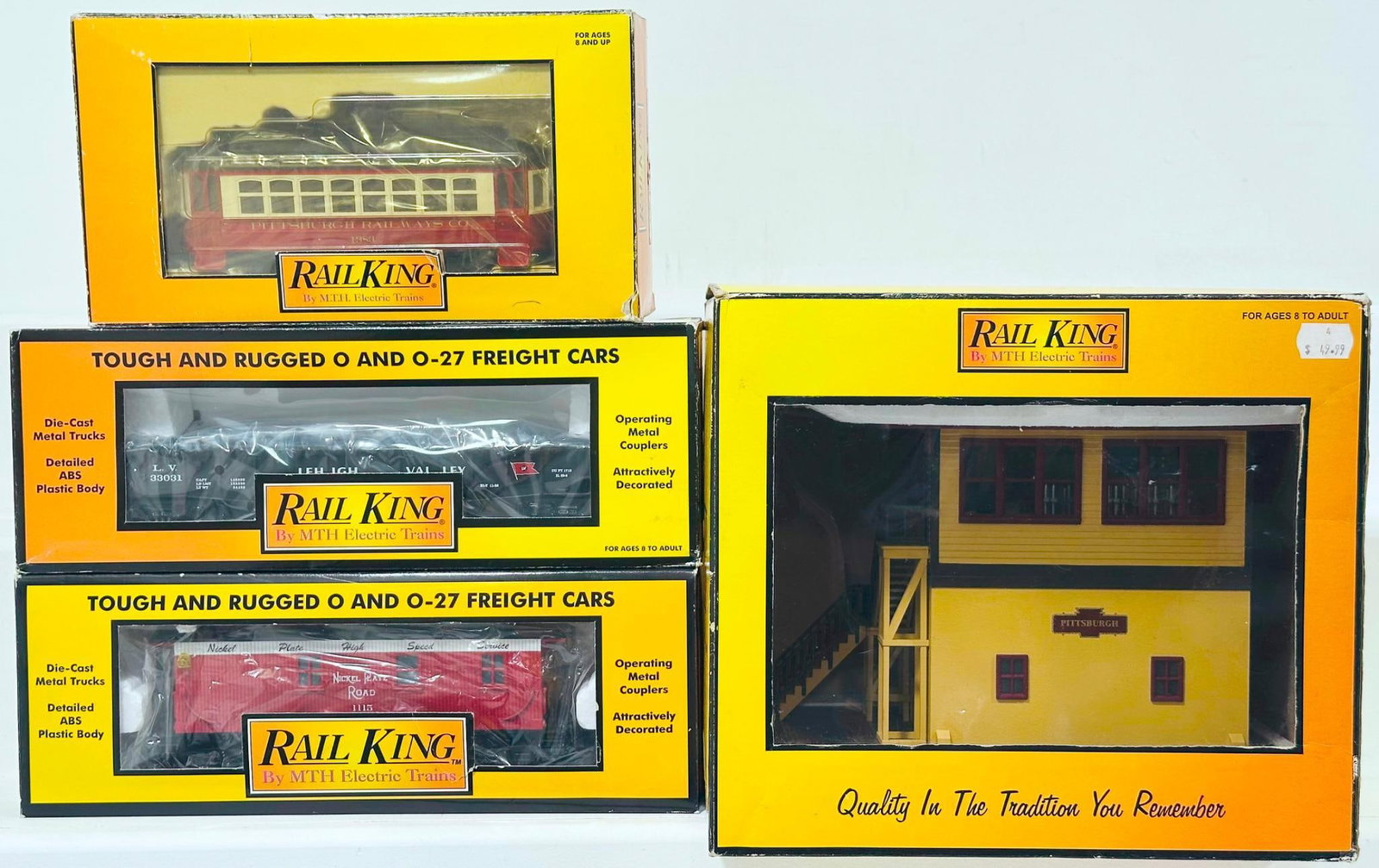 MTH Modern O Gauge Pennsylvania Switch Tower and Three (3) Assorted Freight Cars and Trolley Boxed (1 of 5)