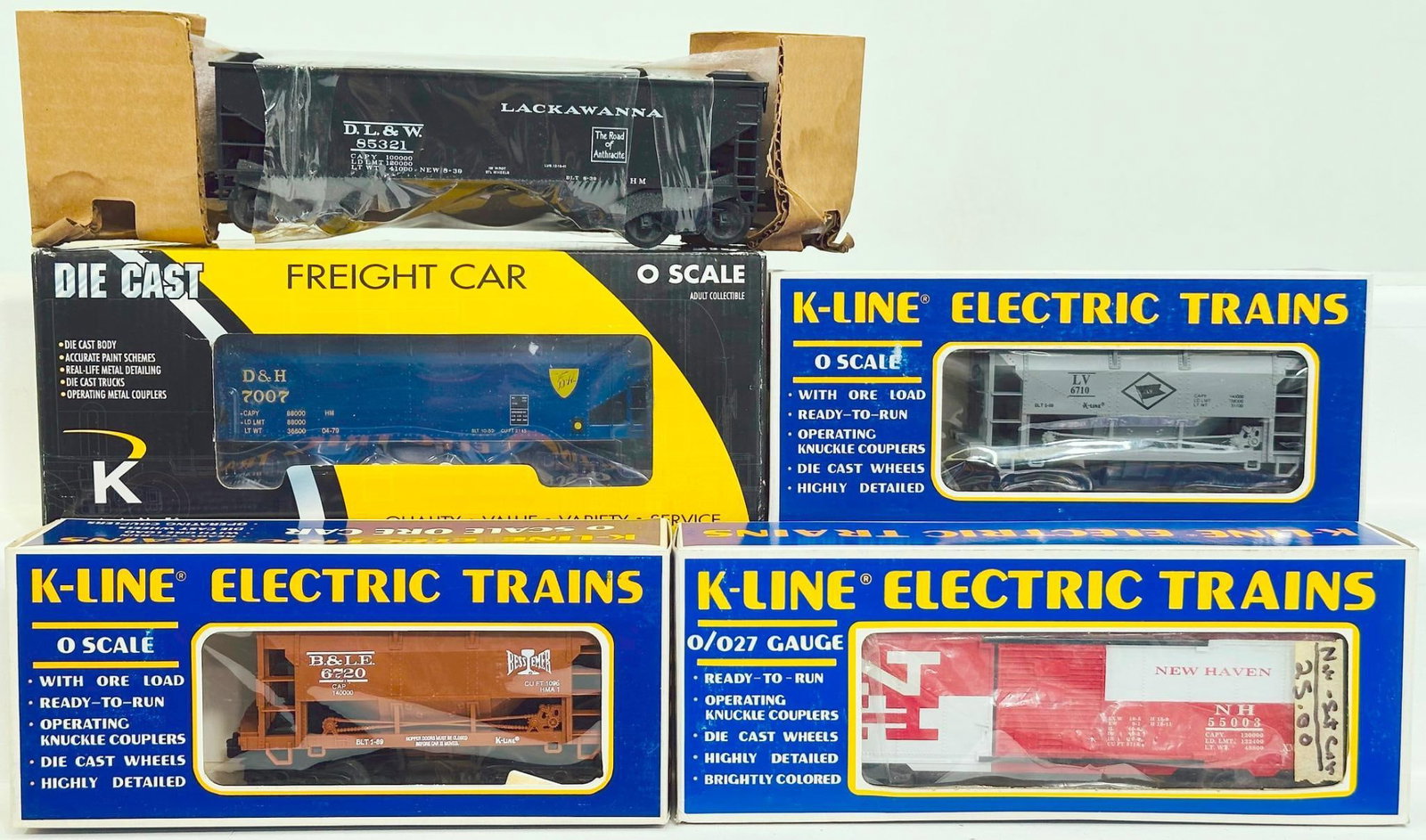 K-Line Modern O Gauge D & H Diecast Smooth Sided 2 Bay Hopper/Lehigh Valley Ore Car/B & LE Ore Car,: K-Line Modern O Gauge D & H Diecast Smooth Sided 2 Bay Hopper/Lehigh Valley Ore Car/ B & LE Ore Car/ New Haven Box Car, each in C9 and each with its original box. This Lot also includes K-Line Modern 