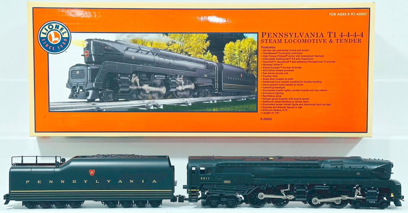 Lionel Modern O Gauge Pennsylvania T1 4 - 4 - 4 - 4 Locomotive and Tender Boxed: Lionel Modern O Gauge Pennsylvania T1 4 - 4 - 4 - 4 Locomotive and Tender Boxed, in C9 and with its original box and instructions.