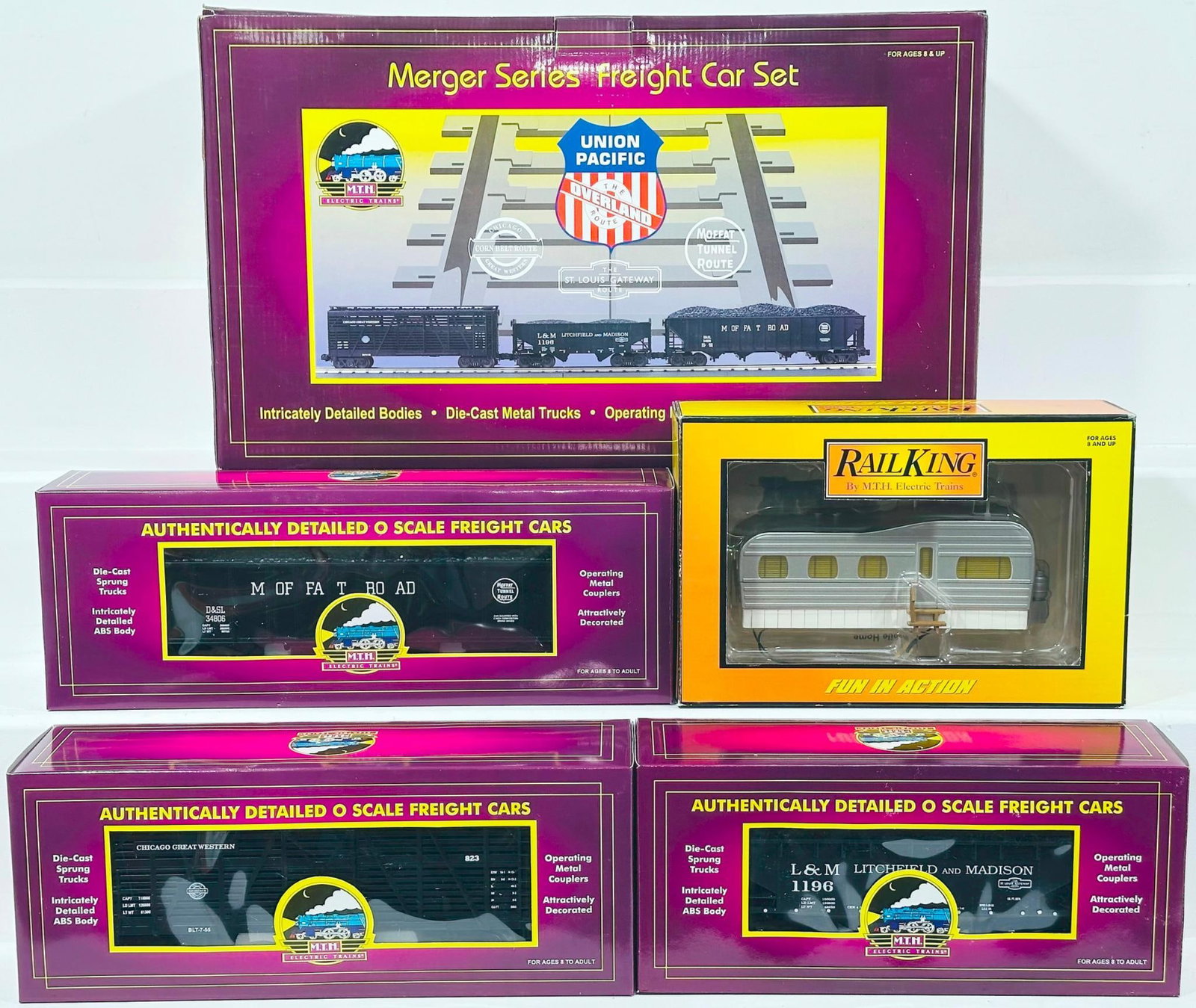 MTH Modern O Gauge Union Pacific Merger Series Freight Car Set and Mobile Home Stainless: MTH Modern O Gauge Union Pacific Merger Series Freight Car Set and Mobile Home Stainless, each in C9 and each with its original box.