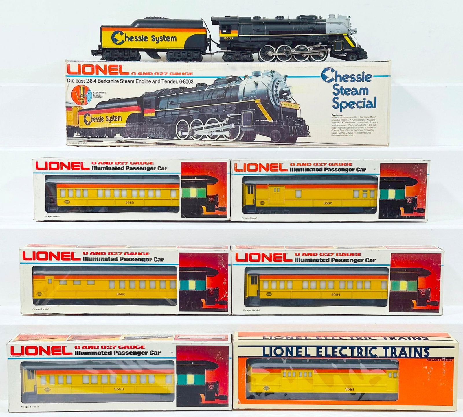Lionel Modern O Gauge Chessie System 2 - 8 - 4 Berkshire Diecast Locomotive and Tender and Assorted: Lionel Modern O Gauge Chessie System 2 - 8 - 4 Berkshire Diecast Locomotive and Tender and Assorted Passenger Cars Boxed, including Chessie System Locomotive and Tender, Chessie Steam Special Combo Ca
