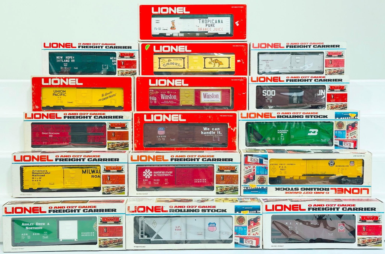 Lionel Modern O Gauge Sixteen (16) Assorted Freight Cars Boxed: Lionel Modern O Gauge Sixteen (16) Assorted Freight Cars Boxed, including UP Box Car, Canadian Pacific Box Car, Sabin River & Northern Box Car, Famous American Railroad Union Pacific Hopper, Famous Am