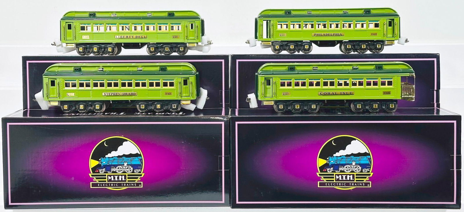 MTH Modern Tinplate Traditions Standard Gauge 424 - 425- 426 - 427 Stephen Girard Passenger Cars: MTH Modern Tinplate Traditions Standard Gauge 424 - 425- 426 - 427 Stephen Girard Passenger Cars Boxed, each in C9 and each with its original box.