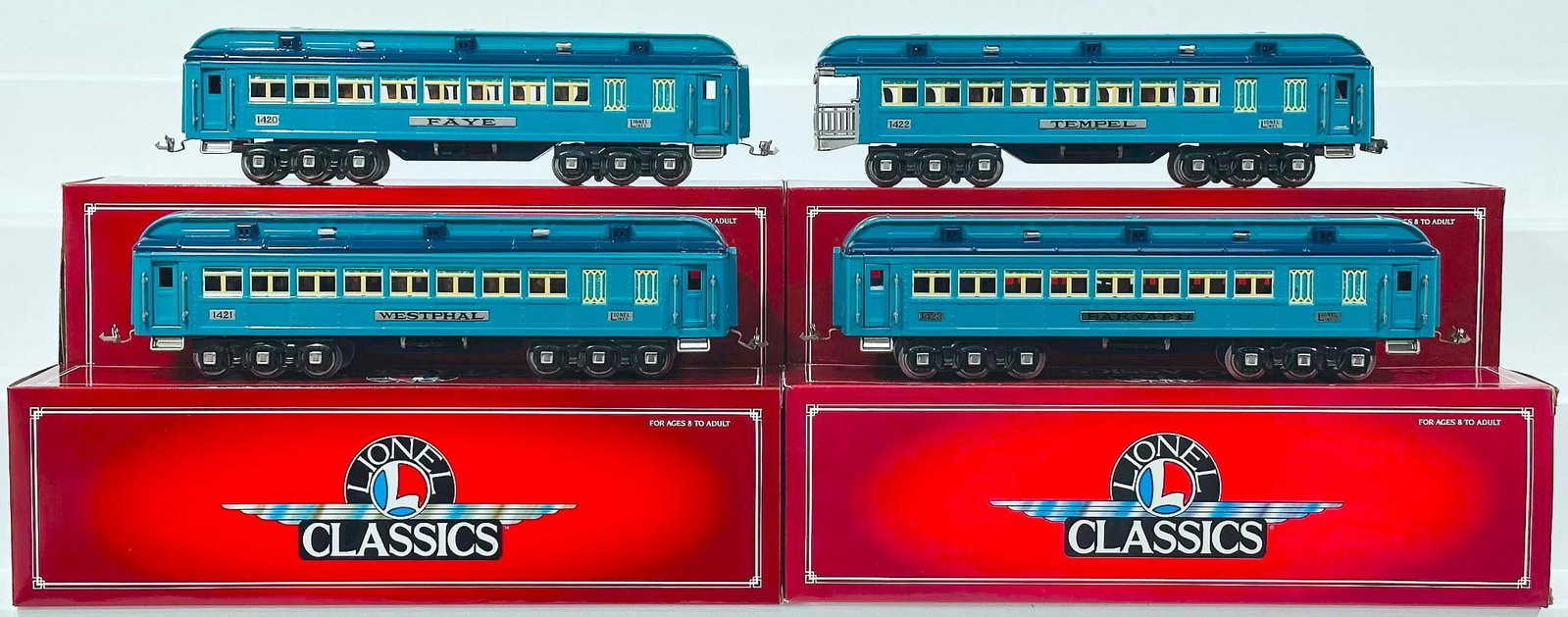 Lionel Modern Classics Standard Gauge Four (4) Assorted Blue Comet Passenger Cars Boxed: Lionel Modern Classics Standard Gauge Four (4) Assorted Blue Comet Passenger Cars Boxed, each in C9 and each with its original box. This Lot includes the extra car 1423 Barnard Passenger Car. ADD: 142