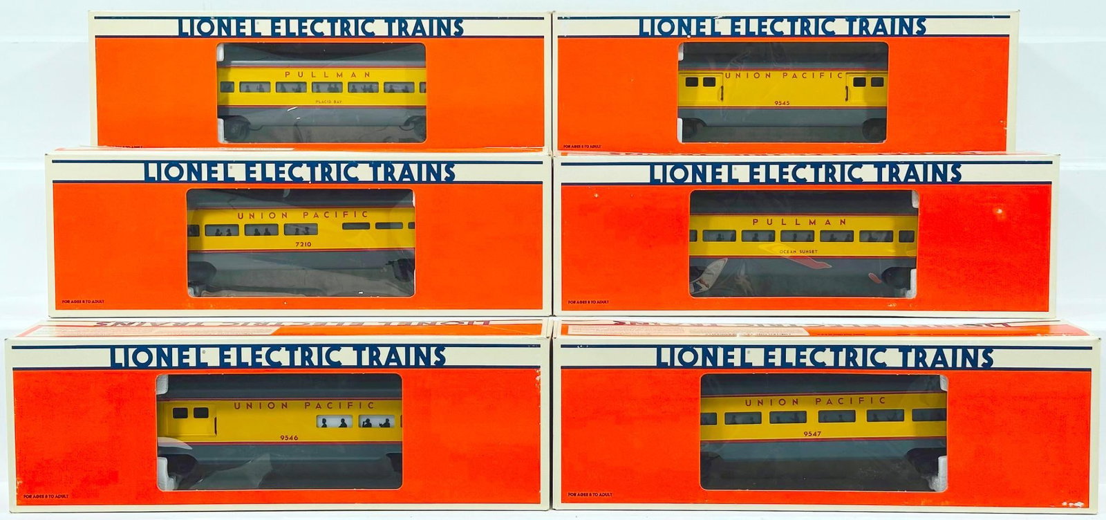 Lionel Modern O Gauge Six (6) Assorted Union Pacific Smooth Side Passenger Cars Boxed: Lionel Modern O Gauge Six (6) Assorted Union Pacific Smooth Side Passenger Cars Boxed, each in C9 and each with its original box.