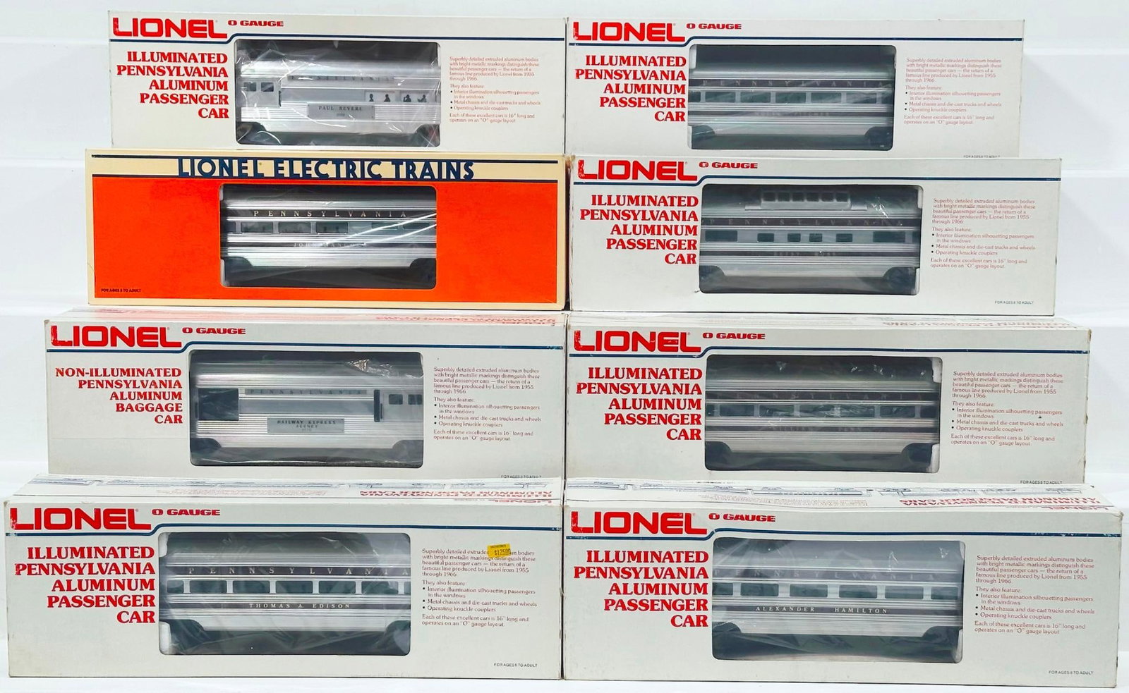 Lionel Modern O Gauge Eight (8) Assorted Pennsylvania Passenger Cars Boxed: Lionel Modern O Gauge Eight (8) Assorted Pennsylvania Passenger Cars Boxed, each in C8 and each with its original box.