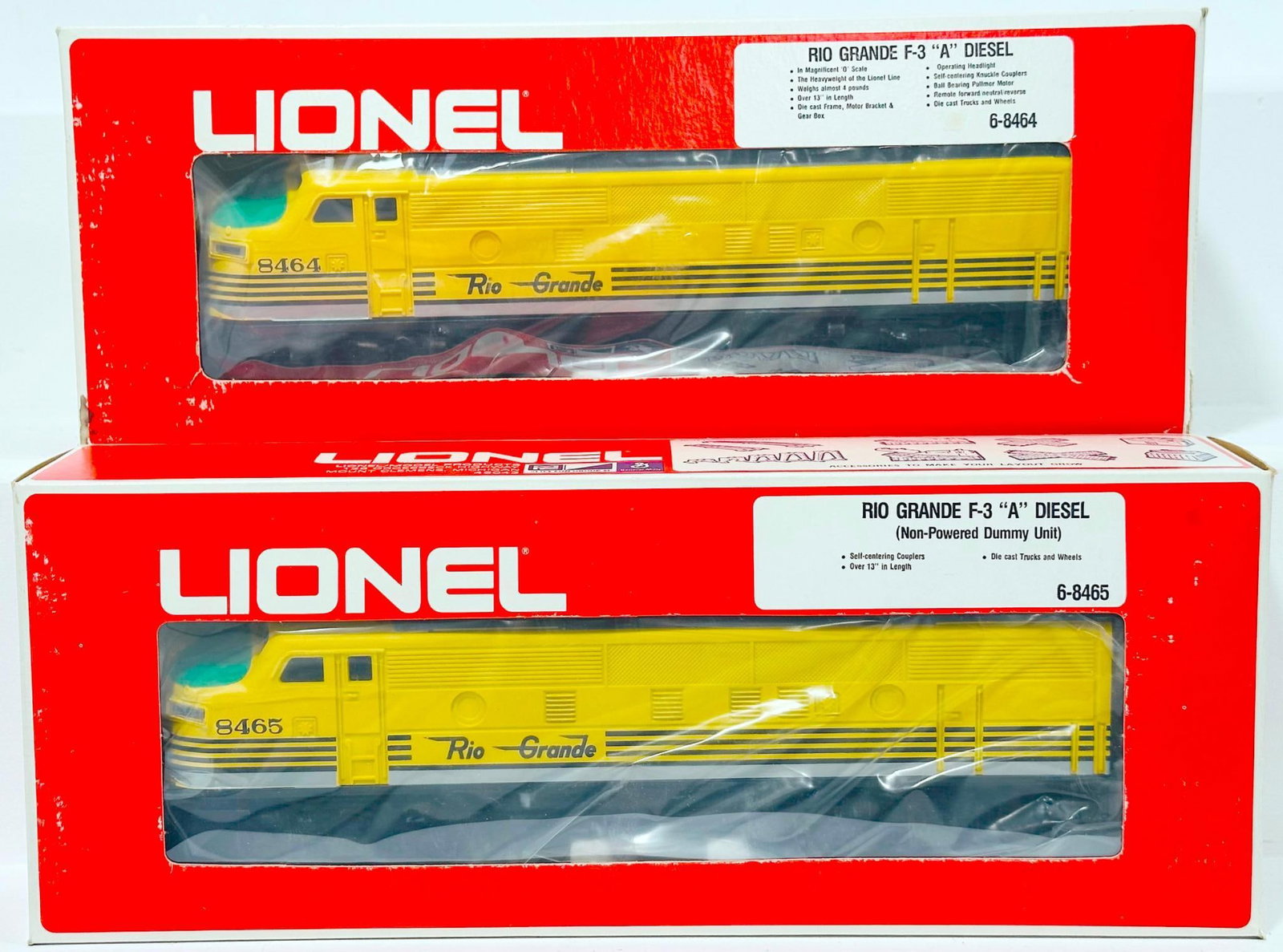 Lionel Modern O Gauge Rio Grande F - 3 A Powered Diesel Unit and A Nonpowered Dummy Unit Boxed: Lionel Modern O Gauge Rio Grande F - 3 A Powered Diesel Unit and A Nonpowered Dummy Unit Boxed, each in C9 and each with its original box.