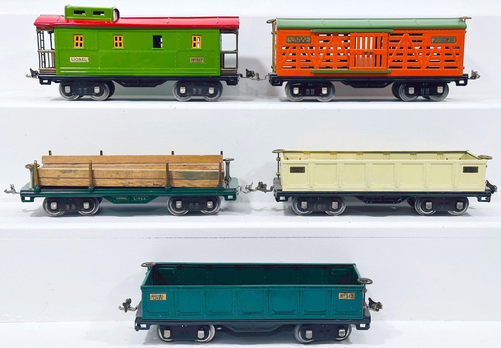 Lionel Prewar Standard Gauge 517 Caboose/ 513 Livestock Car/ 511 Flat Car with load/ 512 Gondola and (1 of 6)