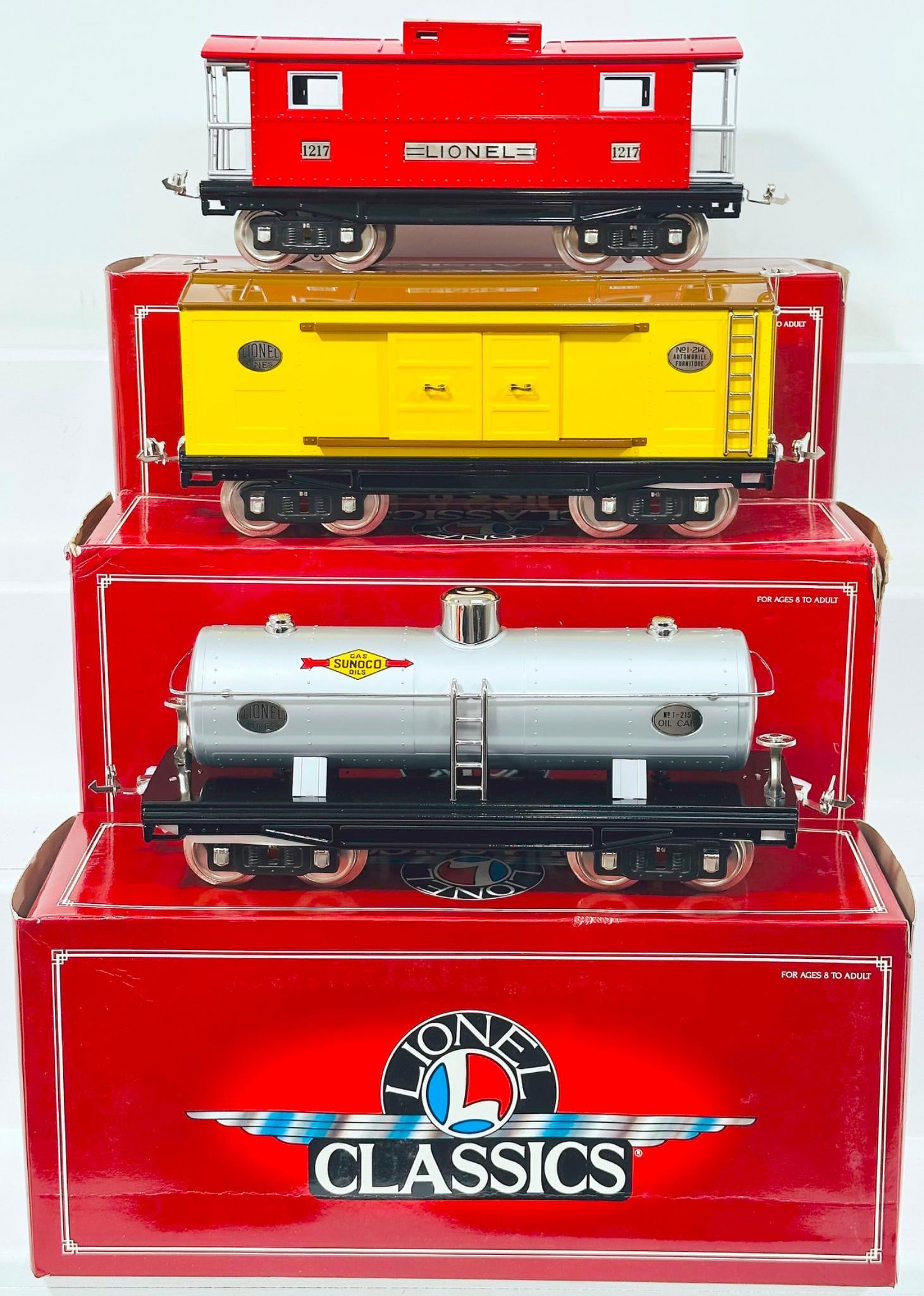 Lionel Modern Classics Standard Gauge 200 Series Caboose - 200 Series Box Car - 200 Series Tank Car: Lionel Modern Classics Standard Gauge 200 Series Caboose - 200 Series Box Car - 200 Series Tank Car Boxed, each in C9 and each with its original box.