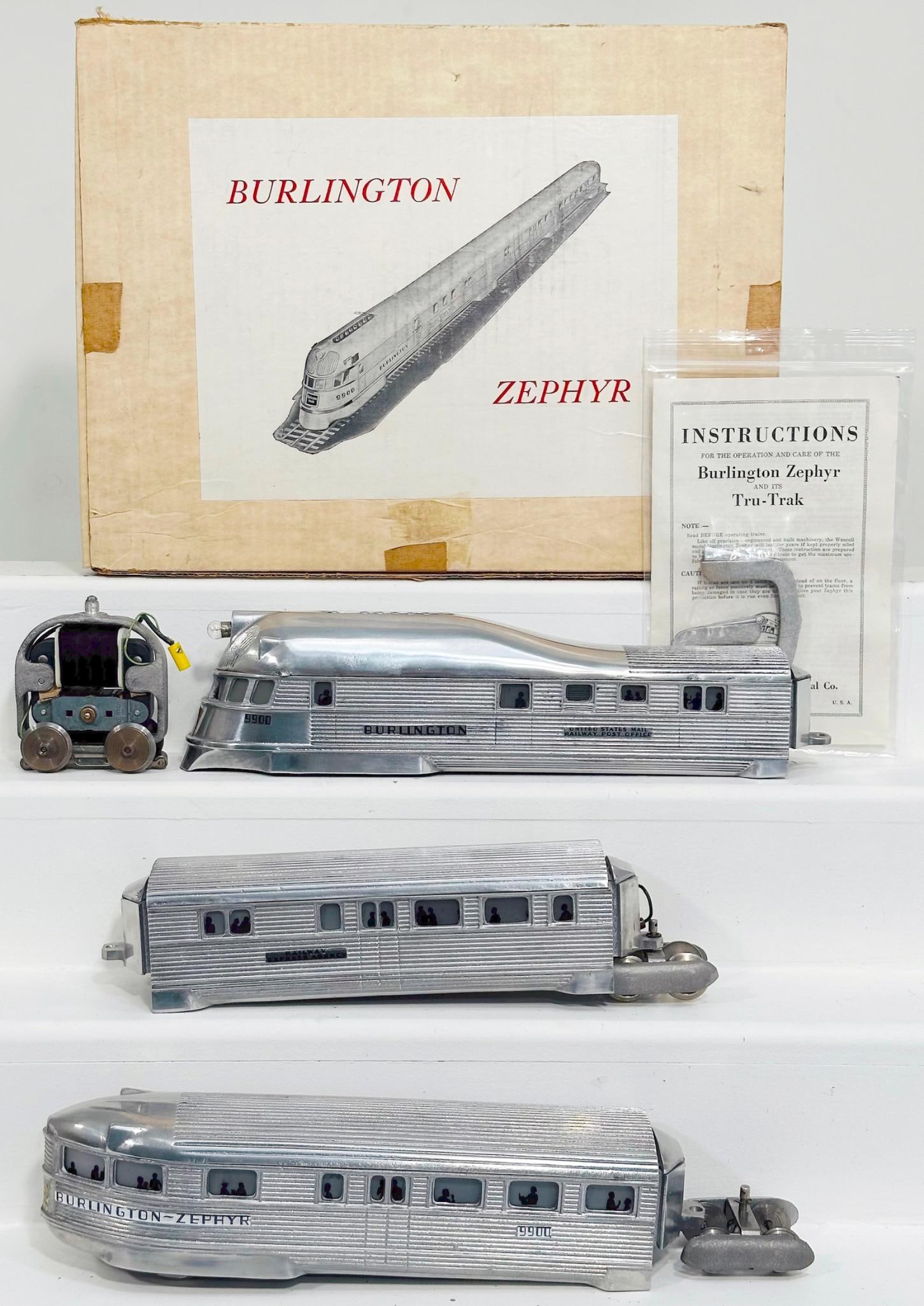 Western Coil & Electrical Postwar Streamliner Burlington Zephyr 3 Car Set: Western Coil & Electrical Postwar Streamliner Burlington Zephyr 3 Car Set, each in C7 overall.