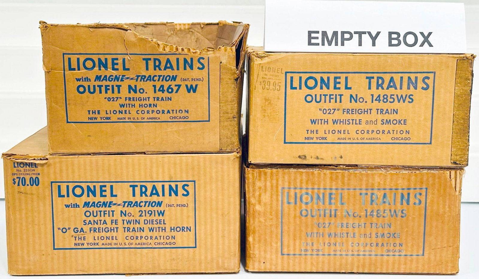 Lionel Postwar O Gauge Outfit No. 2191W - 1485WS - 1485WS - 1467W original Set Boxes only: Lionel Postwar O Gauge Outfit No. 2191W - 1485WS - 1485WS - 1467W original Set Boxes only, with the 2191W showing light to moderate wear, the 1485WS showing light wear, the 1485WS showing heavy wear a