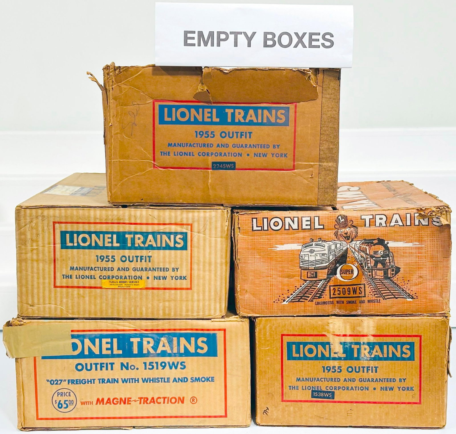 Lionel Postwar O Gauge Outfit No. 2509WS - unnumbered original Set Box from 1955 - 1538WS - 1519 WS: Lionel Postwar O Gauge Outfit No. 2509WS - unnumbered original Set Box from 1955 - 1538WS - 1519 WS - 2245WS original Set Boxes only, with the 2509WS showing heavy wear and with tape repair, the unnum