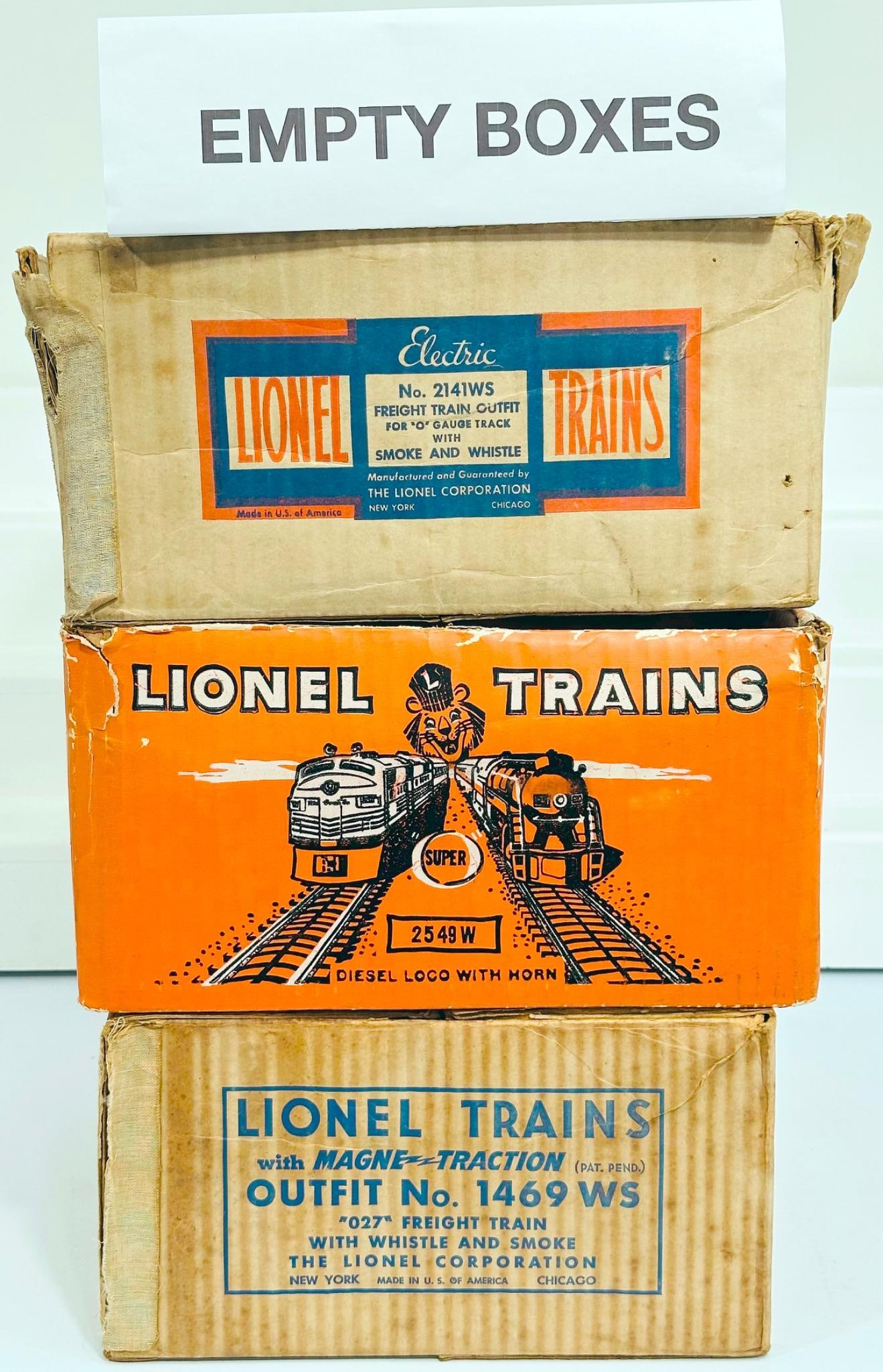 Lionel Postwar O Gauge Outfit No. 2549W - 1469 WS - 2141WS original Set Boxes only: Lionel Postwar O Gauge Outfit No. 2549W - 1469 WS - 2141WS original Set Boxes only, with the 2549W showing moderate to heavy wear, the 1469WS showing heavy wear and the 2141WS showing heavy wear. This