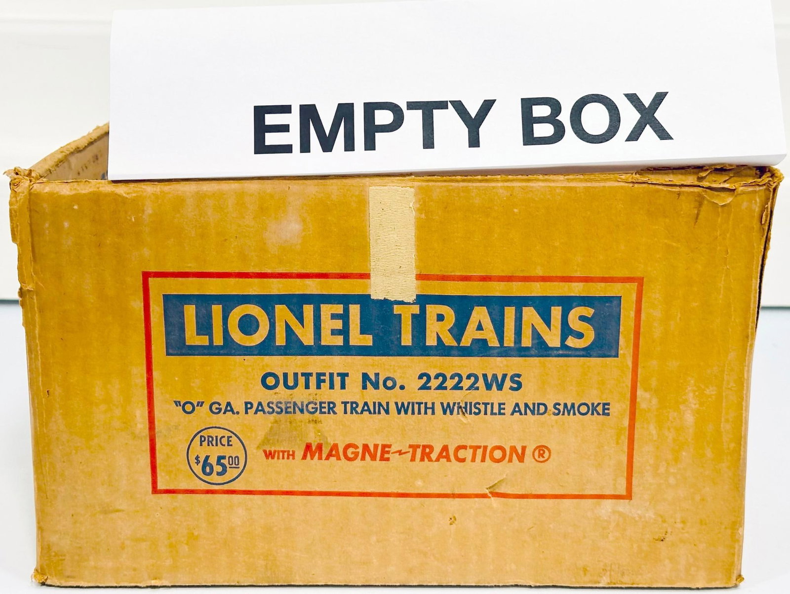 Lionel Postwar O Gauge Outfit No. 2222WS original Set Box only from 1954: Lionel Postwar O Gauge Outfit No. 2222WS original Set Box only from 1954, showing moderate to heavy wear. This Set included the 646 Locomotive with three (3) passenger Cars. This Lot is for original S