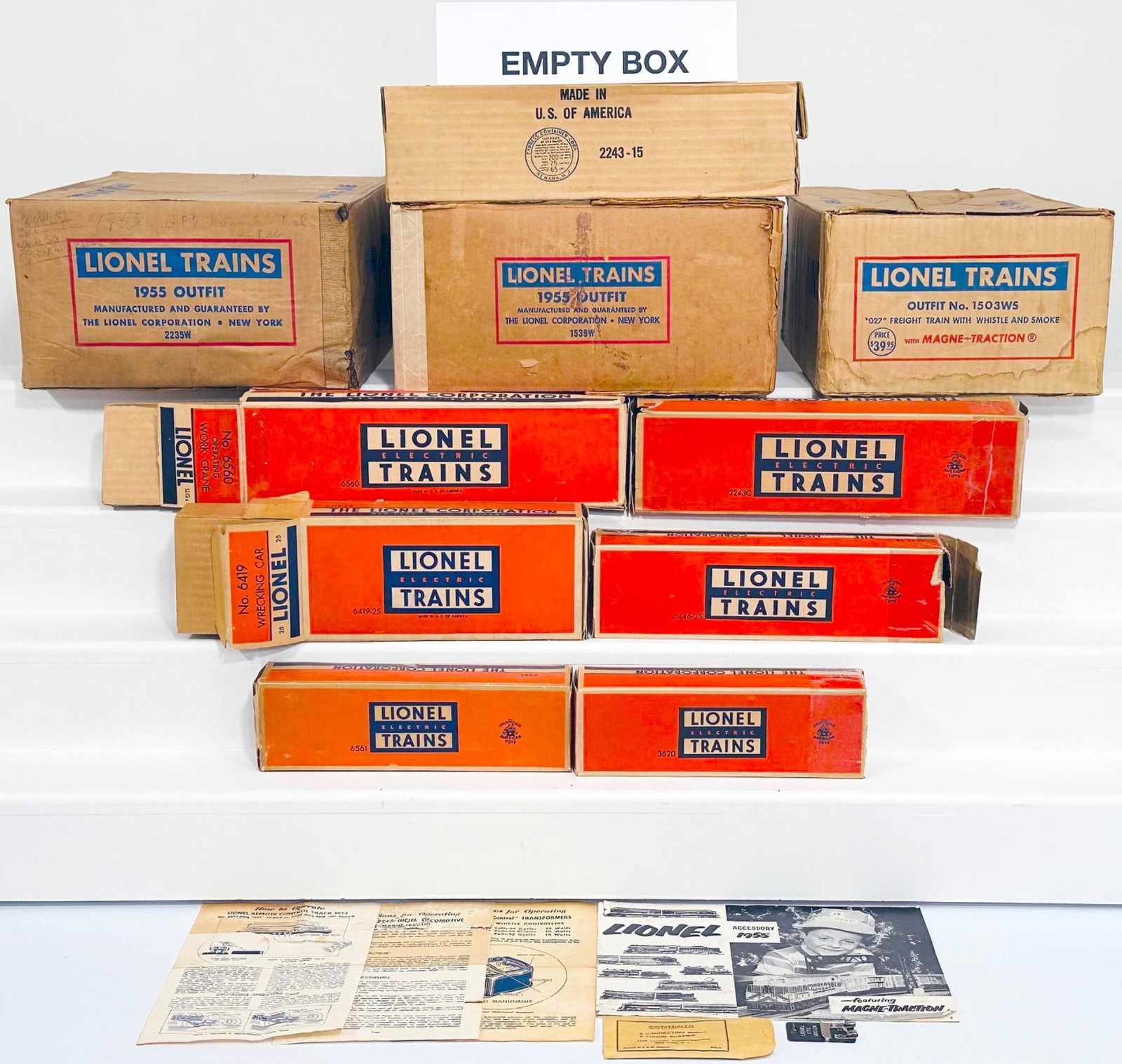 Lionel Postwar O Gauge Outfit No. 1539W - 2235W - 1503WS original Set Boxes only: Lionel Postwar O Gauge Outfit No. 1539W - 2235W - 1503WS original Set Boxes only, with the 1539W showing moderate to heavy wear and tape repair at the corners, the 2235W showing moderate to heavy wear