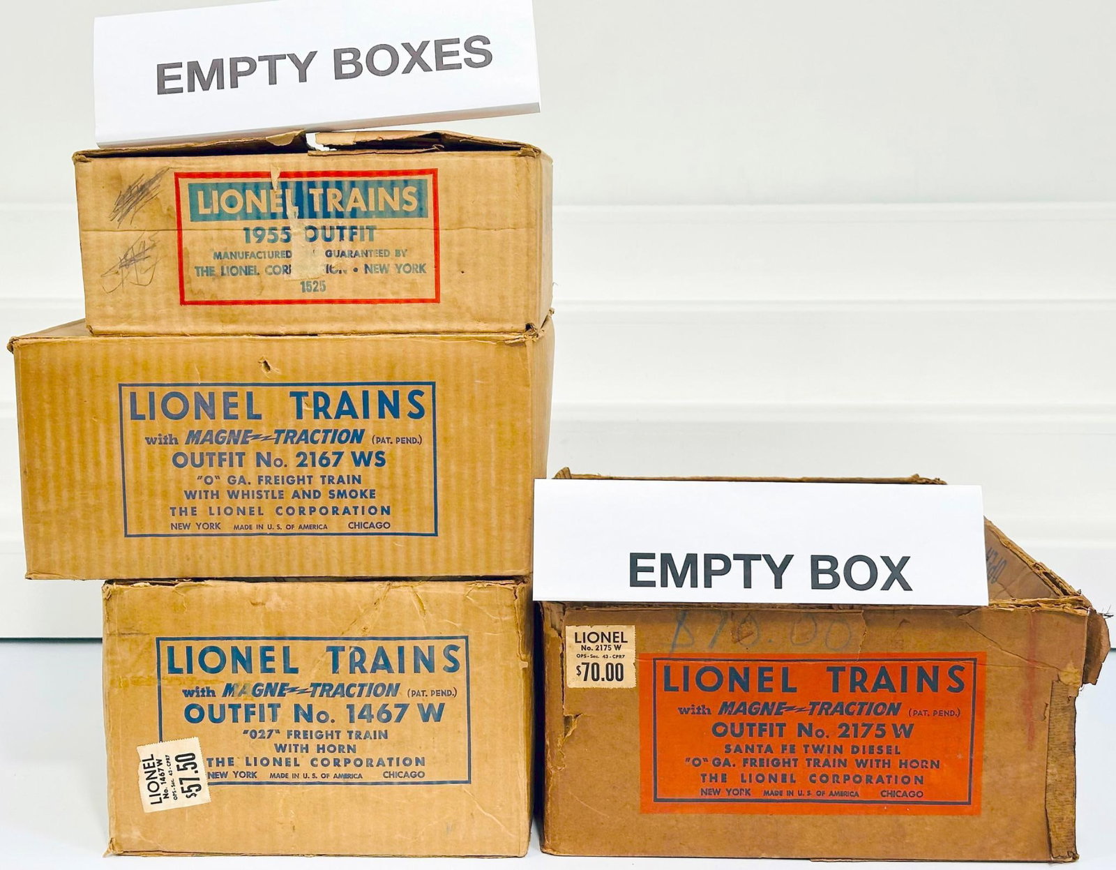 Lionel Postwar O Gauge Outfit No. 1467W - 2167WS - 2175W - 1525 original Set Boxes only: Lionel Postwar O Gauge Outfit No. 1467W - 2167WS - 2175W - 1525 original Set Boxes only, with the 1467W showing moderate wear, the 2167WS showing light wear, the 2175W showing heavy wear with torn cor