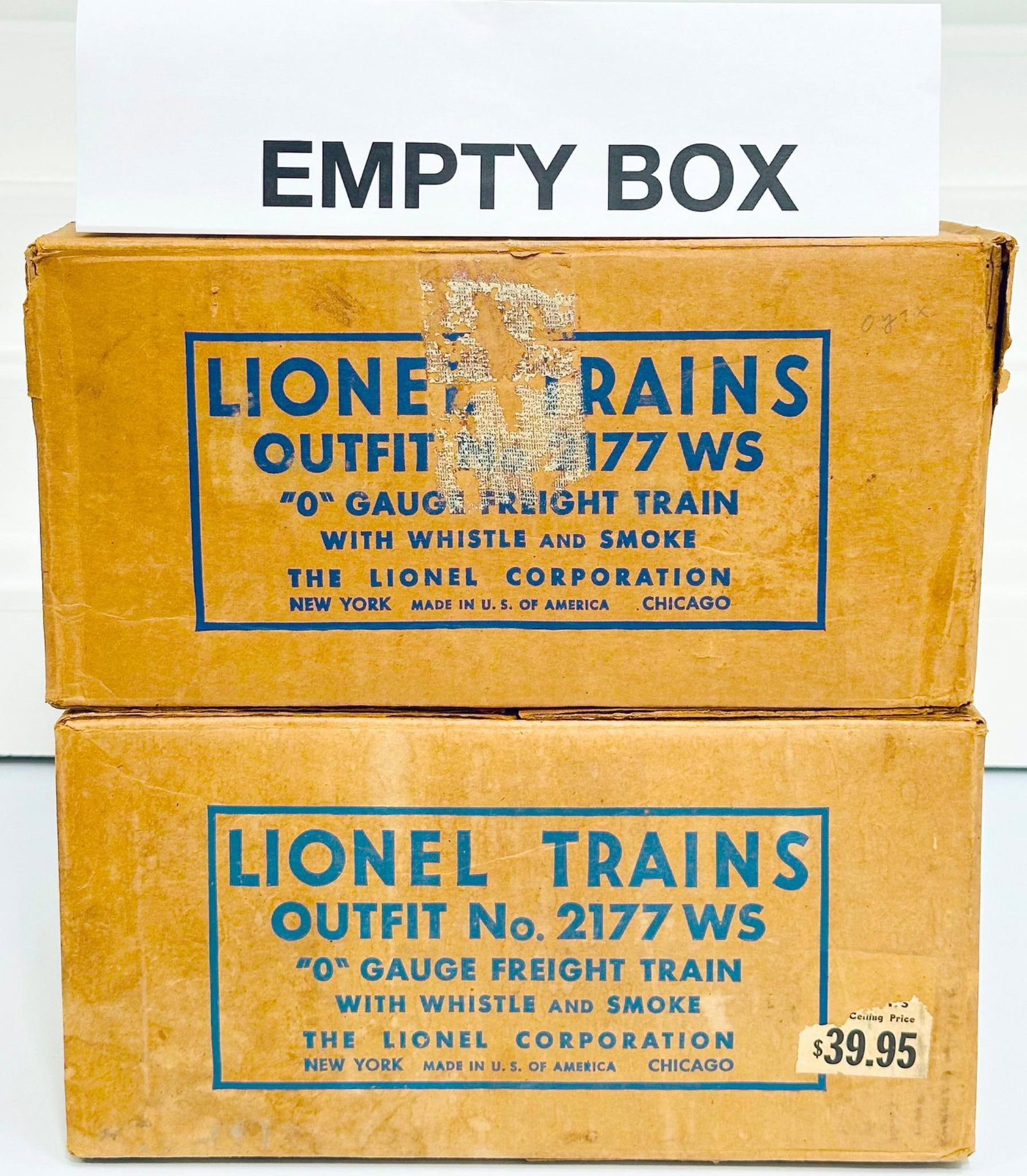 Lionel Postwar O Gauge Outfit No. 2177WS and Outfit No. 2177WS original Set Boxes only from 1952: Lionel Postwar O Gauge Outfit No. 2177WS and Outfit No. 2177WS original Set Boxes only from 1952, with one 2177WS showing light wear and the other 2177 WS showing moderate wear with partially torn cor