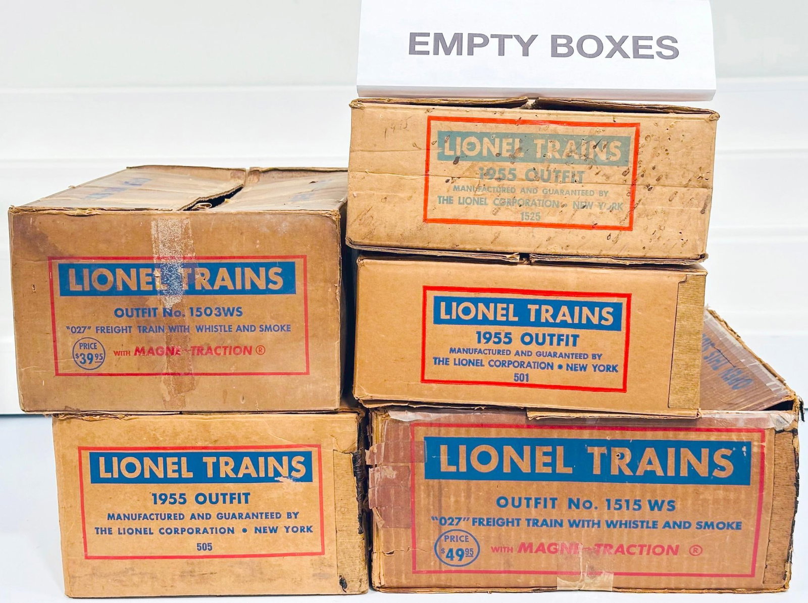Lionel Postwar O Gauge Outfit No. 1515WS - 1503WS - 505 - 1525 - 501 original Set Boxes only: Lionel Postwar O Gauge Outfit No. 1515WS - 1503WS - 505 - 1525 - 501 original Set Boxes only, with the 1515W showing heavy wear and tape repairs and discoloration, the 1503WS showing heavy wear and di