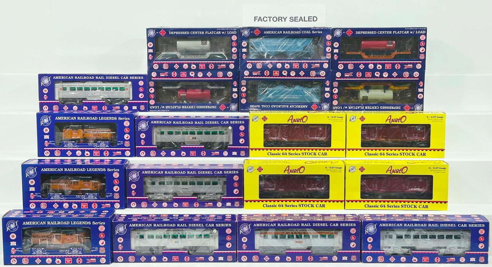 American Railroad Legends Modern O Gauge Assorted Cars/ RMT Modern O Gauge Milwaukee Diesel Boxed X2: American Railroad Legends Modern O Gauge Depressed Center Flat Car with load Boxed X4 and 2 - Bay Coal Hopper Boxed X2/RMT Modern O Gauge Milwaukee Diesel Boxed X2/American Railroad Series Modern O