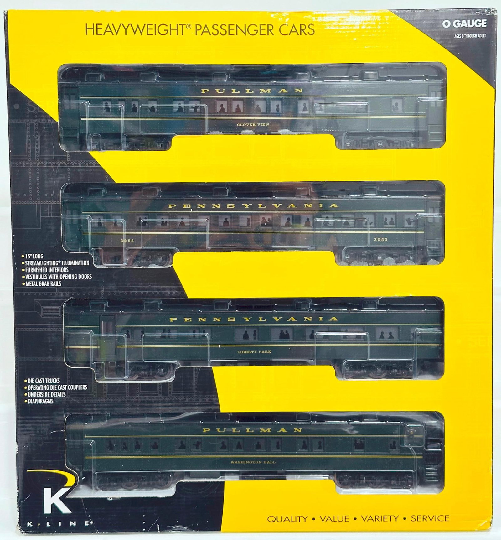K-Line Modern O Gauge Four (4) Assorted Pennsylvania dark green Madison Cars Boxed: K-Line Modern O Gauge Four (4) Assorted Pennsylvania dark green Madison Cars Boxed, each in C9 and each with its original box.