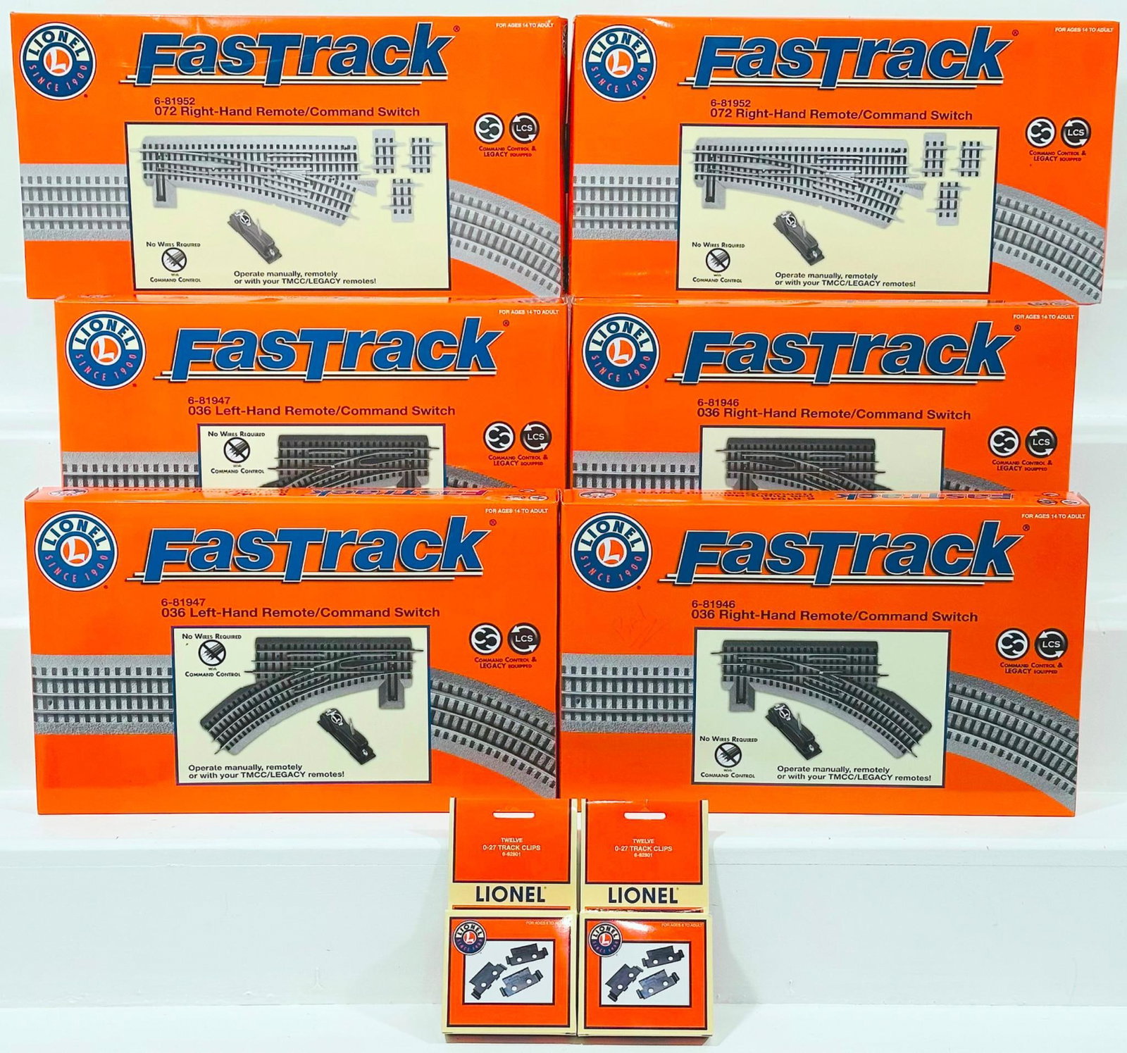 Lionel Modern O Gauge Six (6) Assorted Remote/Command Switches Boxed: Lionel Modern O Gauge Six (6) Assorted Remote/Command Switches Boxed, including 036 Left Remote/Command Switch Boxed X2 And 036 Right - Hand Remote/Command Switch Boxed X2/ 072 Right-Hand Remote/Comma