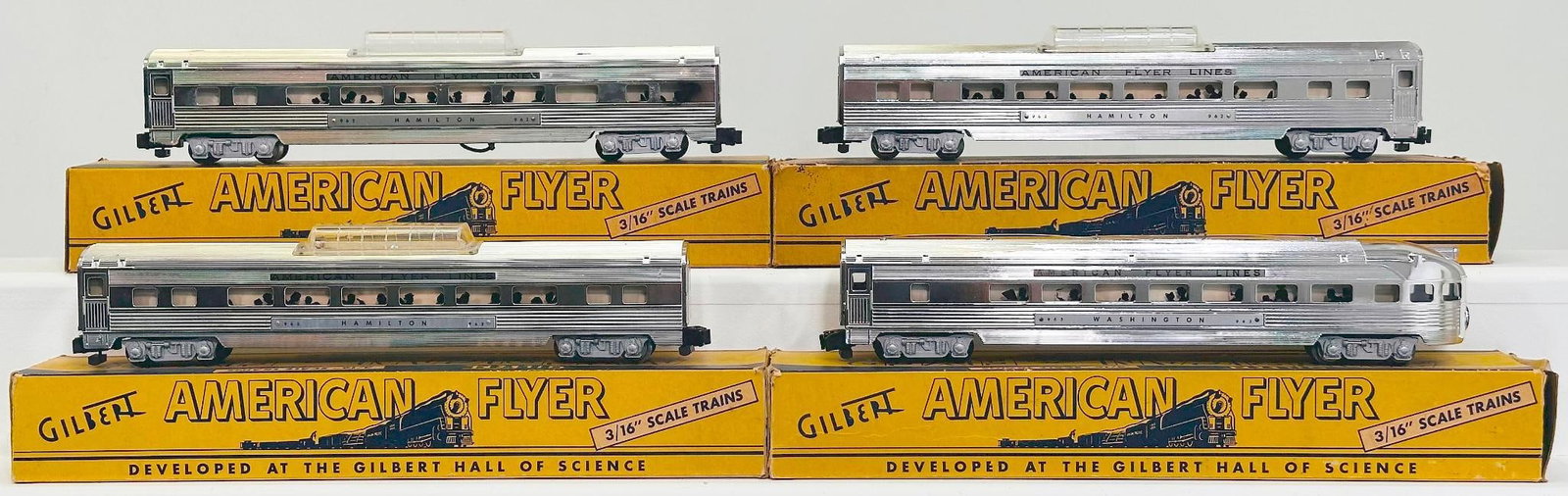 American Flyer Postwar S Gauge 962 - 962 - 962 - 963 Chrome Passenger Cars: American Flyer Postwar S Gauge 962 - 962 - 962 - 963 Chrome Passenger Cars, each in C7 to C7 plus, and each with its original box, and with some end flap issues.