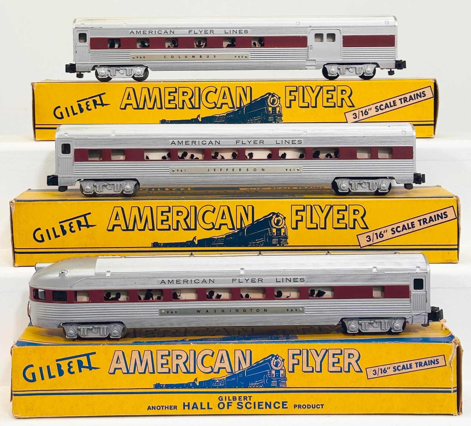 American Flyer Postwar S Gauge 960 - 961 - 963 Passenger Cars with chestnut colored stripe through: American Flyer Postwar S Gauge 960 - 961 - 963 Passenger Cars with chestnut colored stripe through windows, each in C7 plus or better and each with its original box.