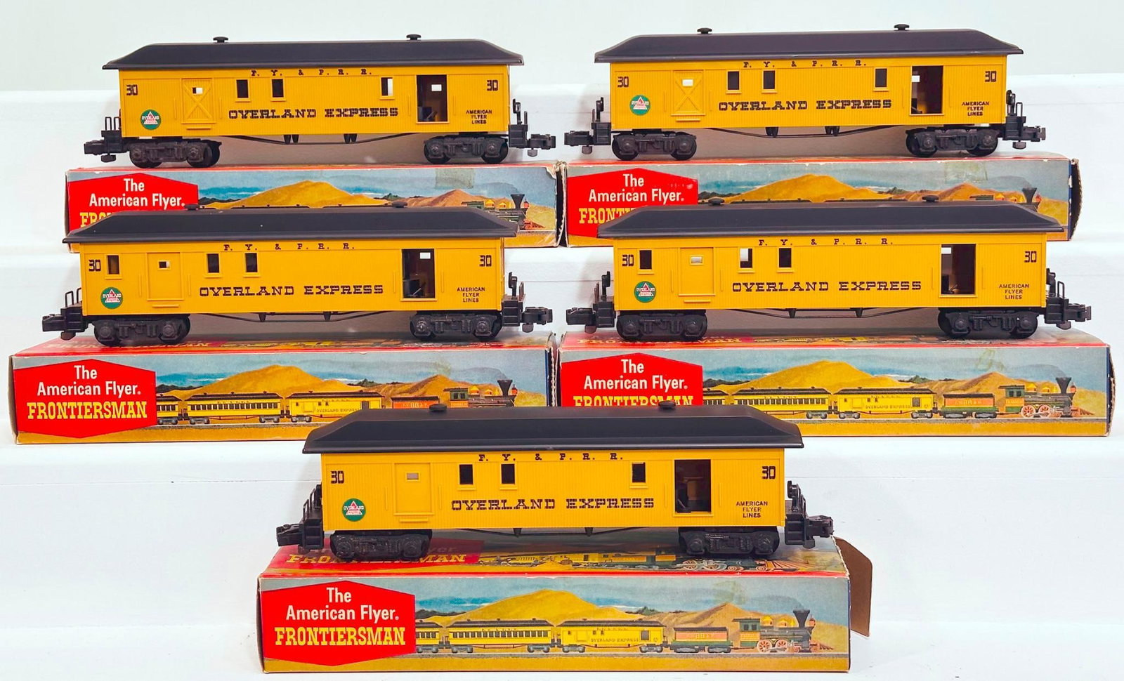 American Flyer Postwar S Gauge Five (5) Assorted 24730 Frontiersman Old-Time Passenger Cars Boxed: American Flyer Postwar S Gauge Five (5) Assorted 24730 Frontiersman Old-Time Passenger Cars Boxed, each in C7 to C7 plus and each with its original box, with some original boxes having end flap issues
