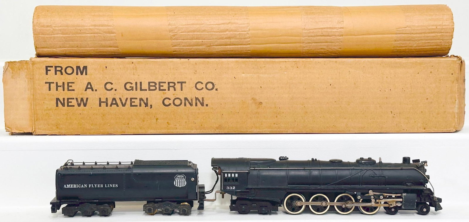 American Flyer Postwar S Gauge 332 Union Pacific 4 - 8 - 4 Locomotive and Tender Boxed from 1948: American Flyer Postwar S Gauge 332 Union Pacific 4 - 8 - 4 Locomotive and Tender Boxed from 1948, in C8 and with its original wrapper, liner and its original box. This was the pride and joy in Nick Me