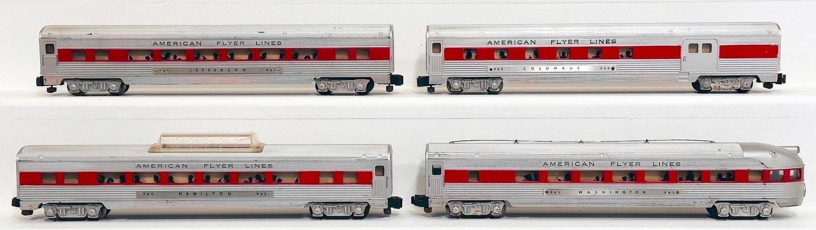 American Flyer Postwar S Gauge 960 - 961 - 962 - 963 Aluminum Passenger Cars with red stripes: American Flyer Postwar S Gauge 960 - 961 - 962 - 963 Aluminum Passenger Cars with red stripes through windows, each in C7.