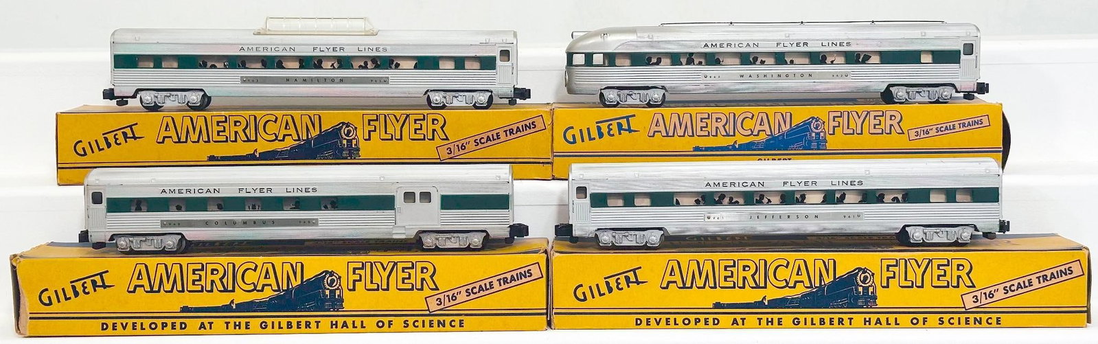 American Flyer Postwar S Gauge 960 - 961 - 962 - 963 Aluminum Passenger Cars with dark green stripe: American Flyer Postwar S Gauge 960 - 961 - 962 - 963 Aluminum Passenger Cars with dark green stripe through the windows Boxed, each in C7 plus or better and each with its original box.