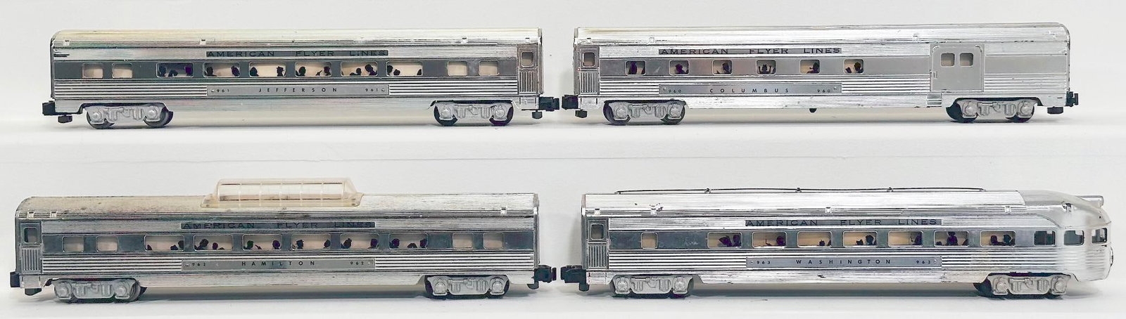 American Flyer Postwar S Gauge 960 - 961 - 962 - 963 Chrome Passenger Cars: American Flyer Postwar S Gauge 960 - 961 - 962 - 963 Chrome Passenger Cars, with the 960 in C6 plus to C7 minus, the 963 in C7, the 962 in C6 plus and the 961 in C7.