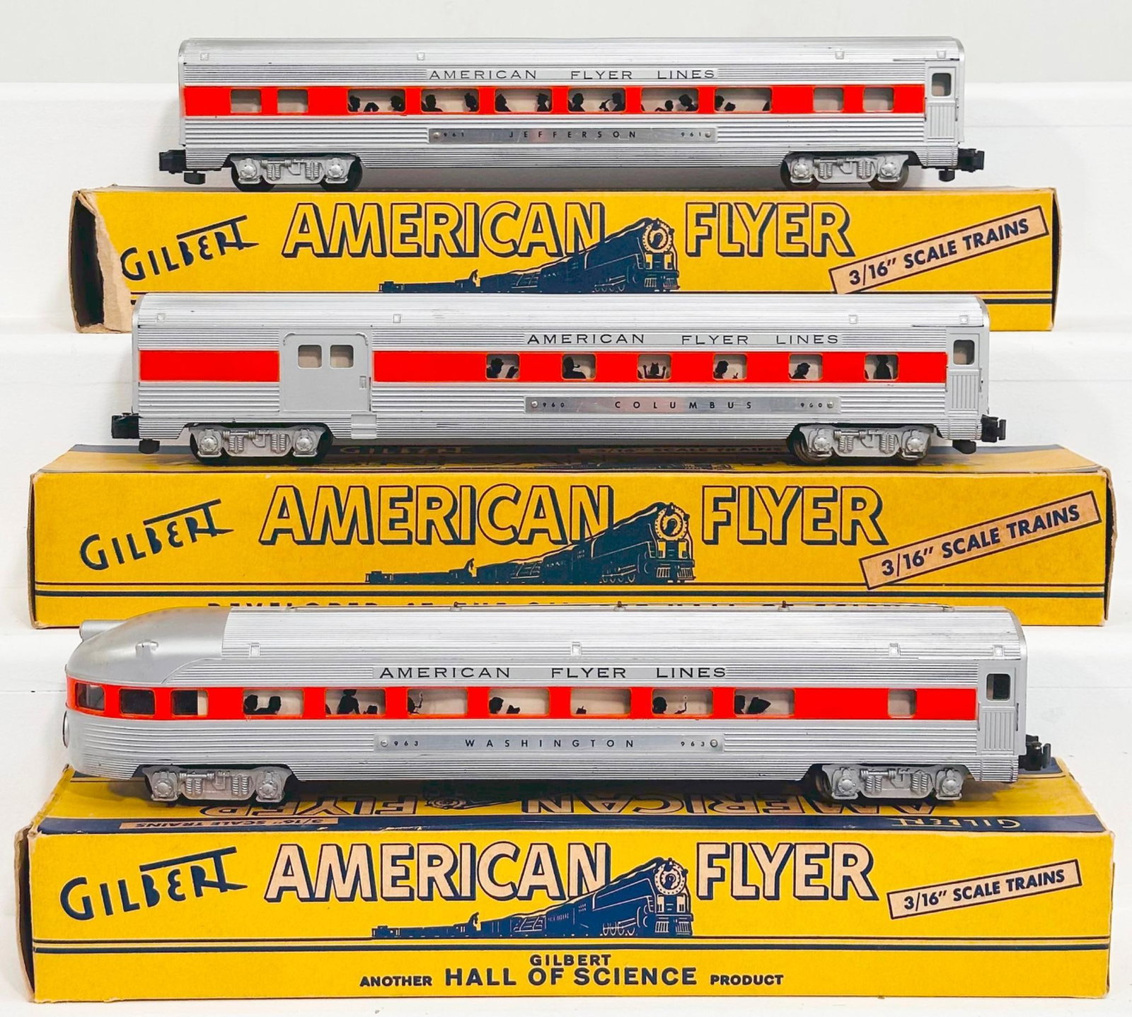 American Flyer Postwar S Gauge 960 - 961 - 963 Aluminum Passenger Cars with orange stripe through: American Flyer Postwar S Gauge 960 - 961 - 963 Aluminum Passenger Cars with orange stripe through the windows Boxed, each in C7 plus and each with its original box, with one (1) end flap having damage