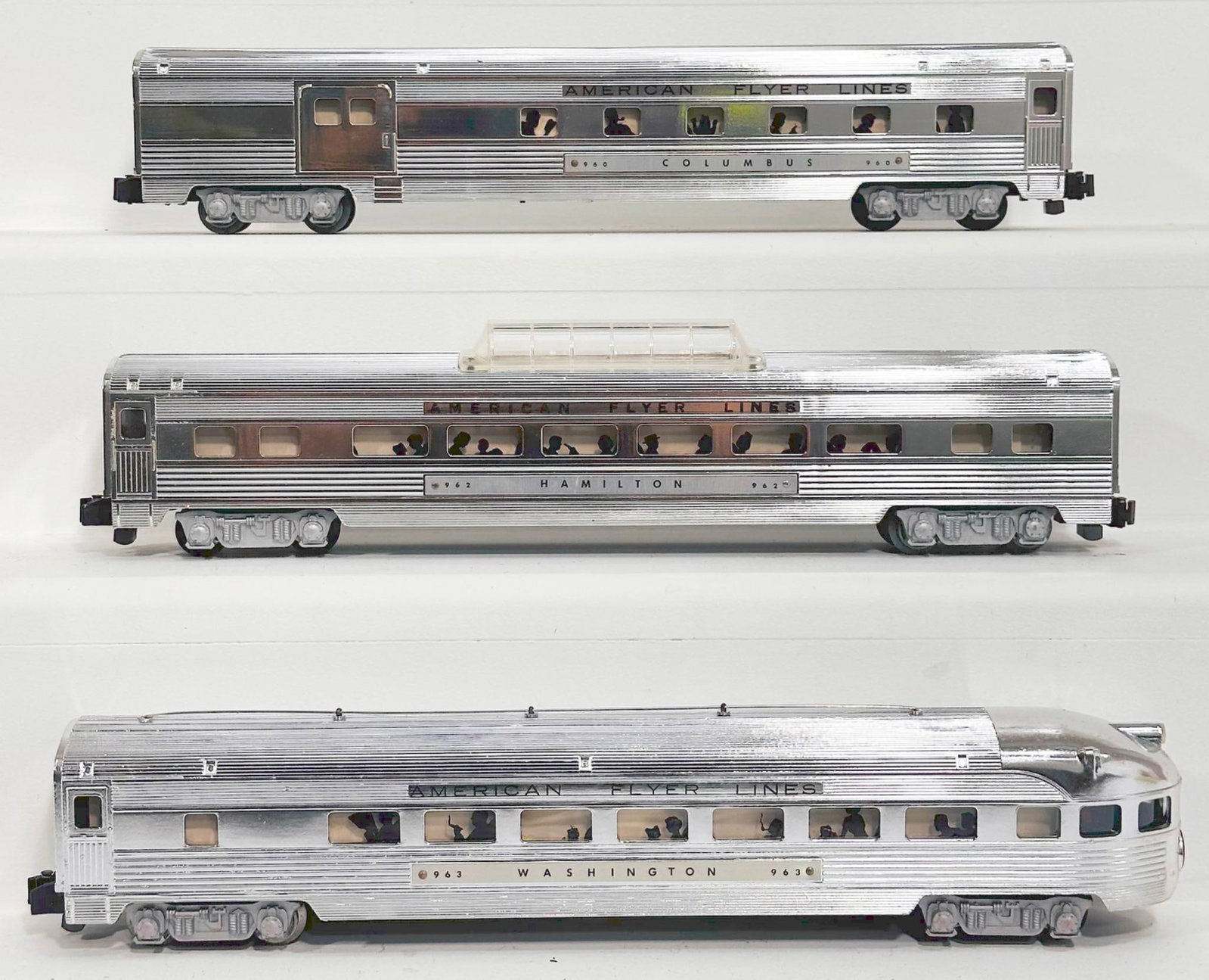 American Flyer Postwar S Gauge 960 - 962 - 963 Chrome Passenger Cars: American Flyer Postwar S Gauge 960 - 962 - 963 Chrome Passenger Cars, each in C7 plus or better.