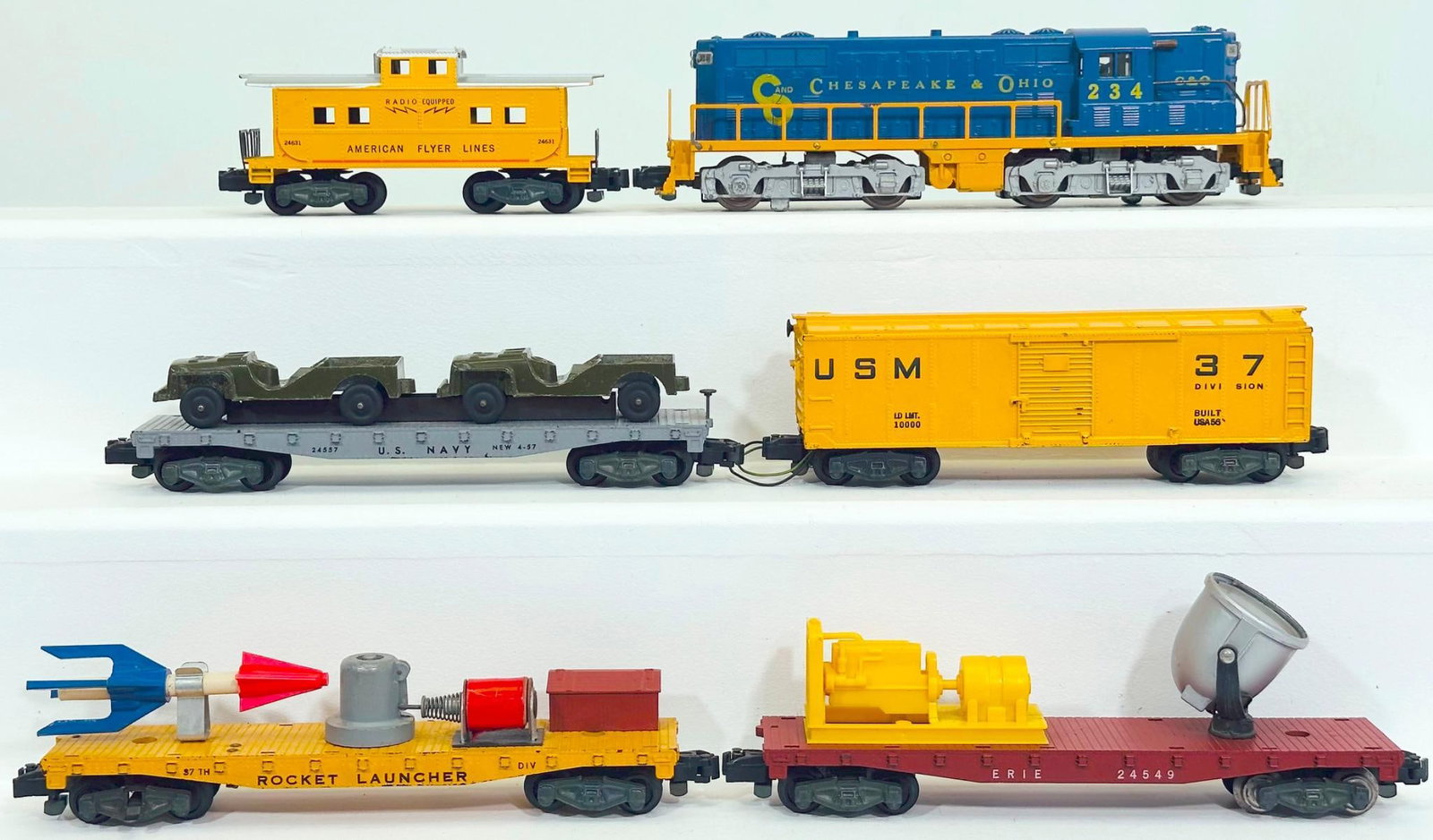 American Flyer Postwar S Gauge 234 C&O Switcher - 24557 - 24549 - 24631 - 25056 Rocket Launcher and (1 of 6)